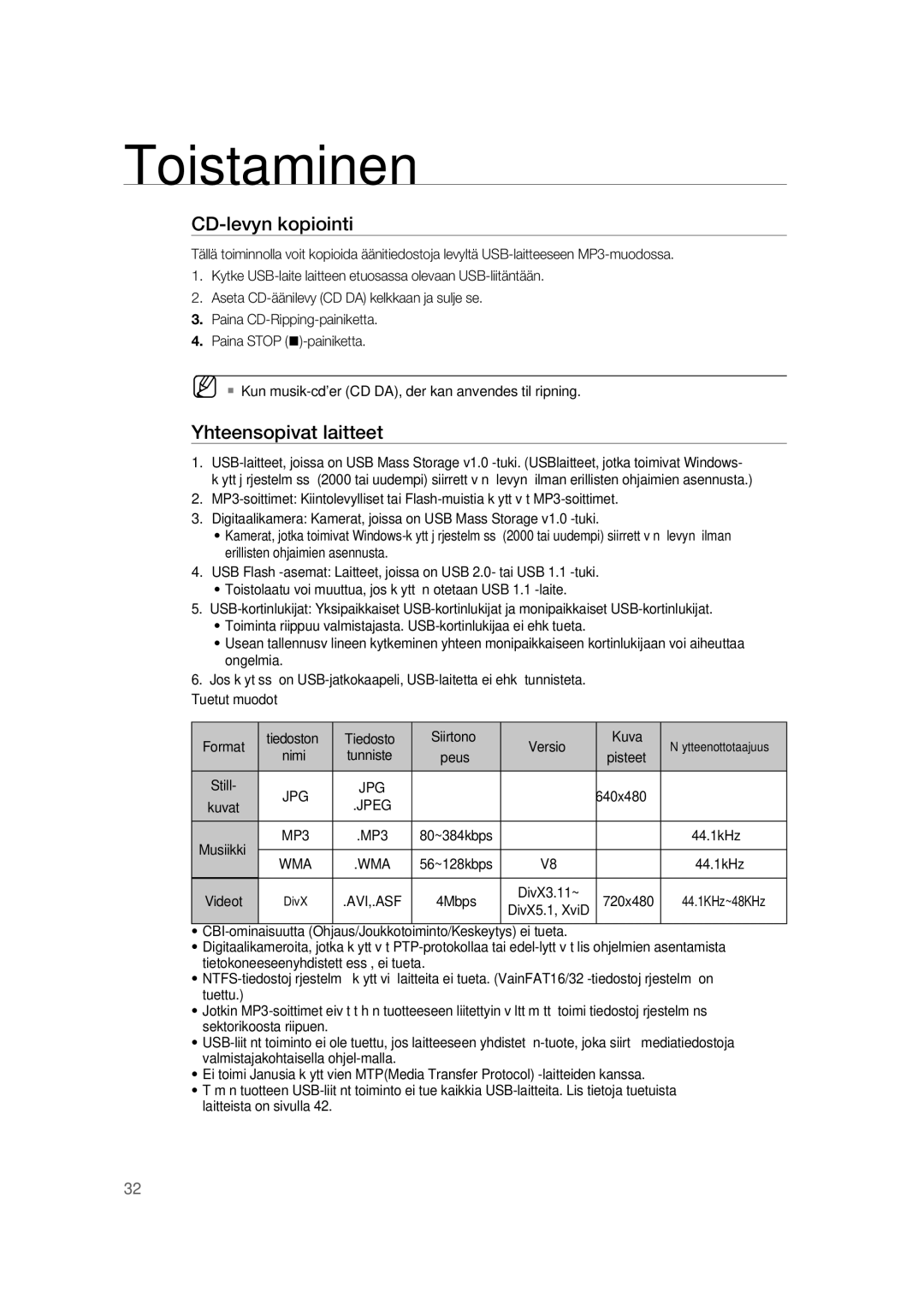 Samsung RTS-HE20T/XEE manual CD-levyn kopiointi, DivX3.11~ 