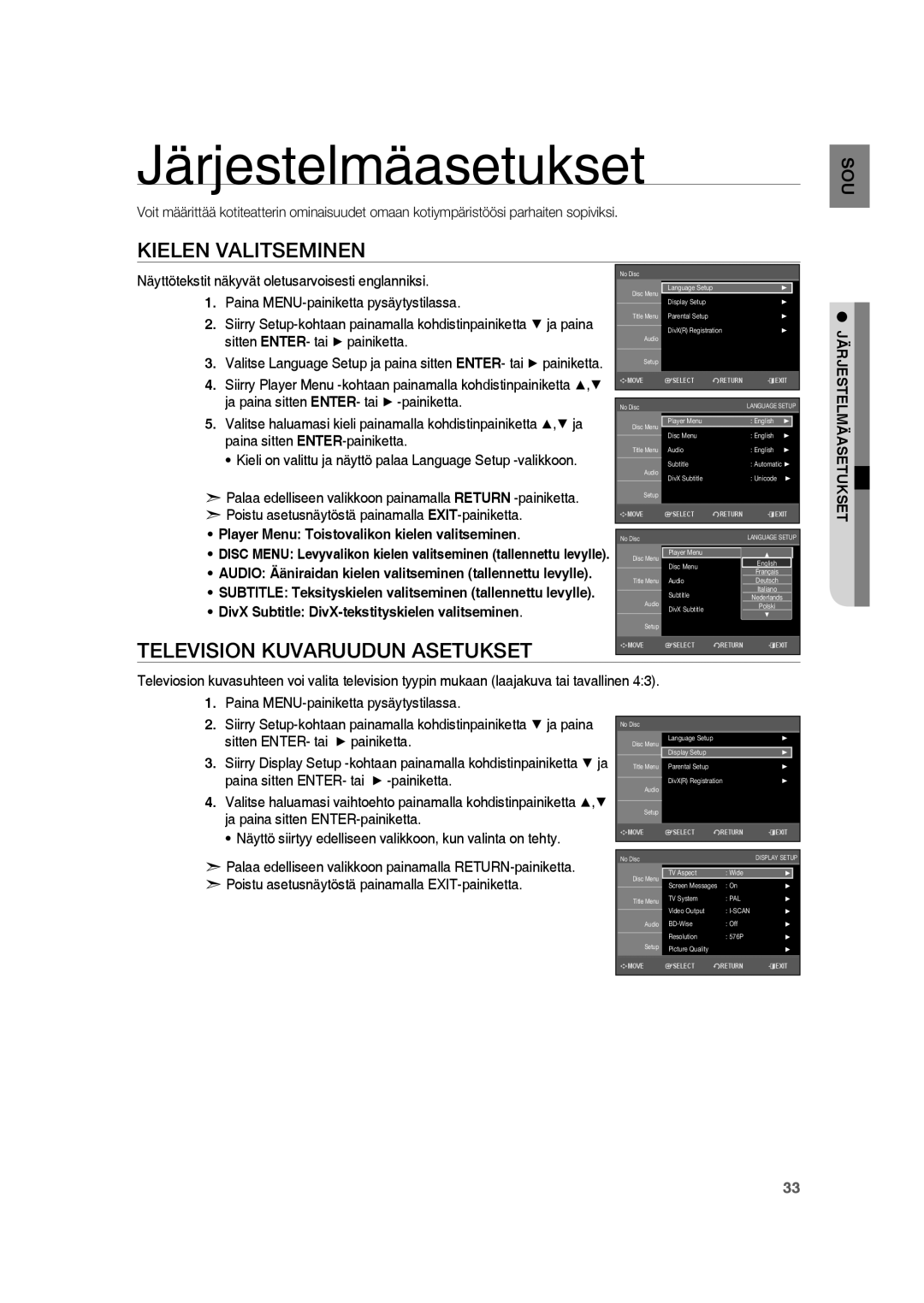 Samsung RTS-HE20T/XEE manual Järjestelmäasetukset, Kielen Valitseminen, Television Kuvaruudun Asetukset 