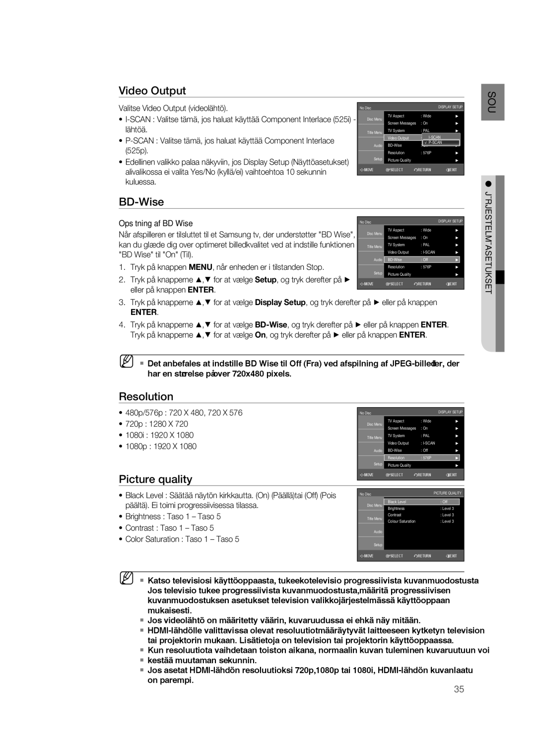 Samsung RTS-HE20T/XEE manual Video Output, Opsætning af BD Wise 