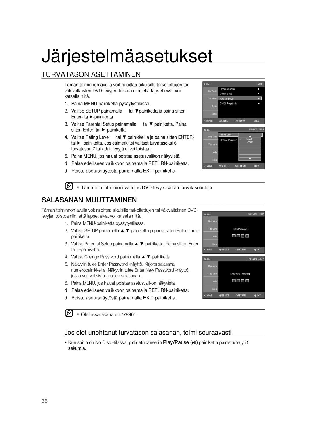 Samsung RTS-HE20T/XEE manual Turvatason Asettaminen, Salasanan Muuttaminen 