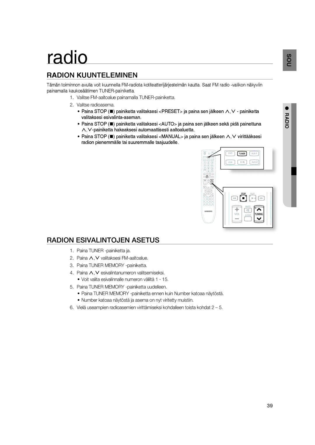 Samsung RTS-HE20T/XEE manual Radion Kuunteleminen, Radion Esivalintojen Asetus 