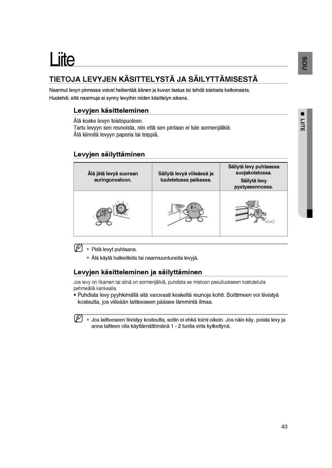 Samsung RTS-HE20T/XEE manual Liite, Tietoja Levyjen Käsittelystä JA Säilyttämisestä, Levyjen käsitteleminen 