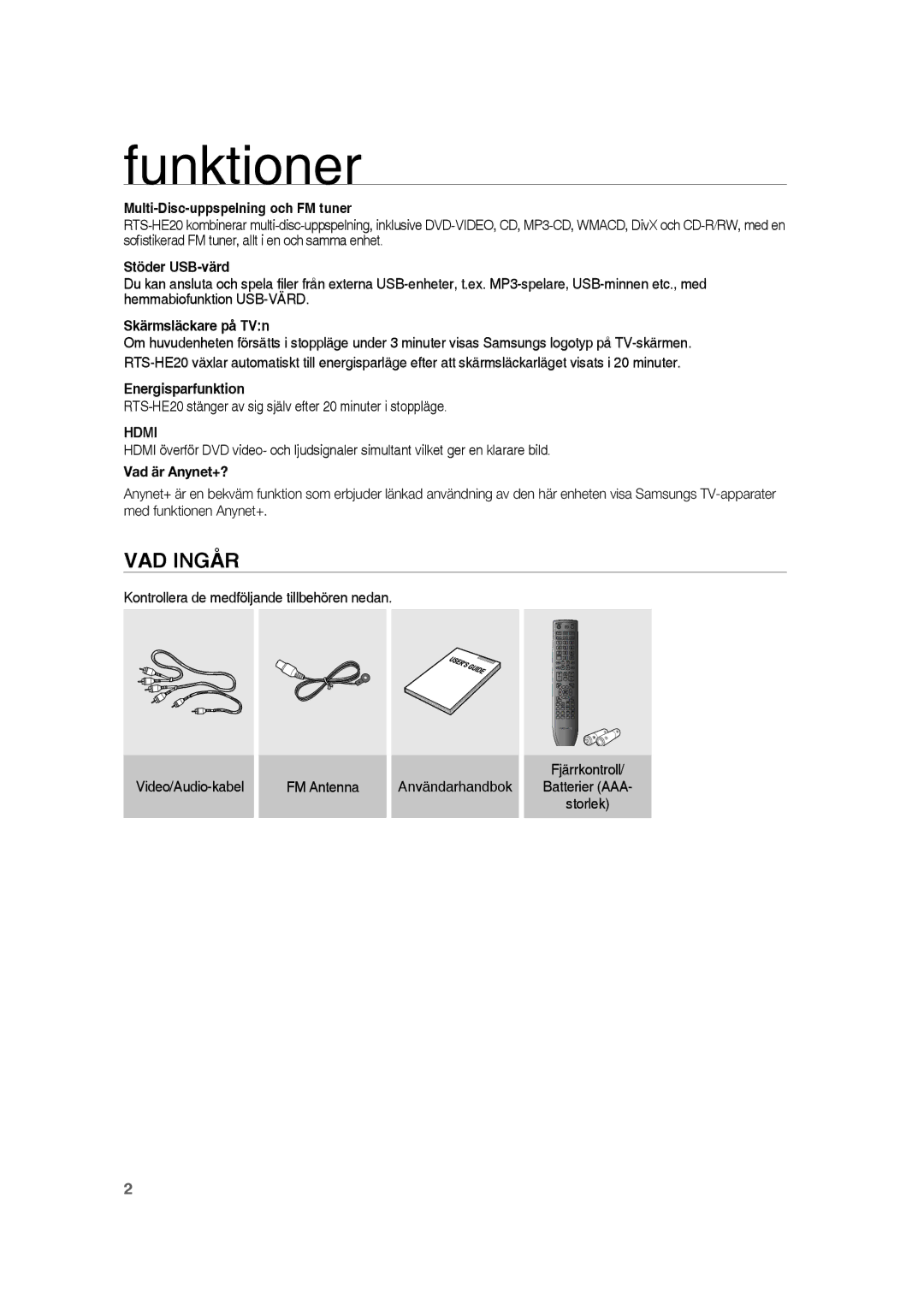 Samsung RTS-HE20T/XEE manual Funktioner, VAD Ingår 