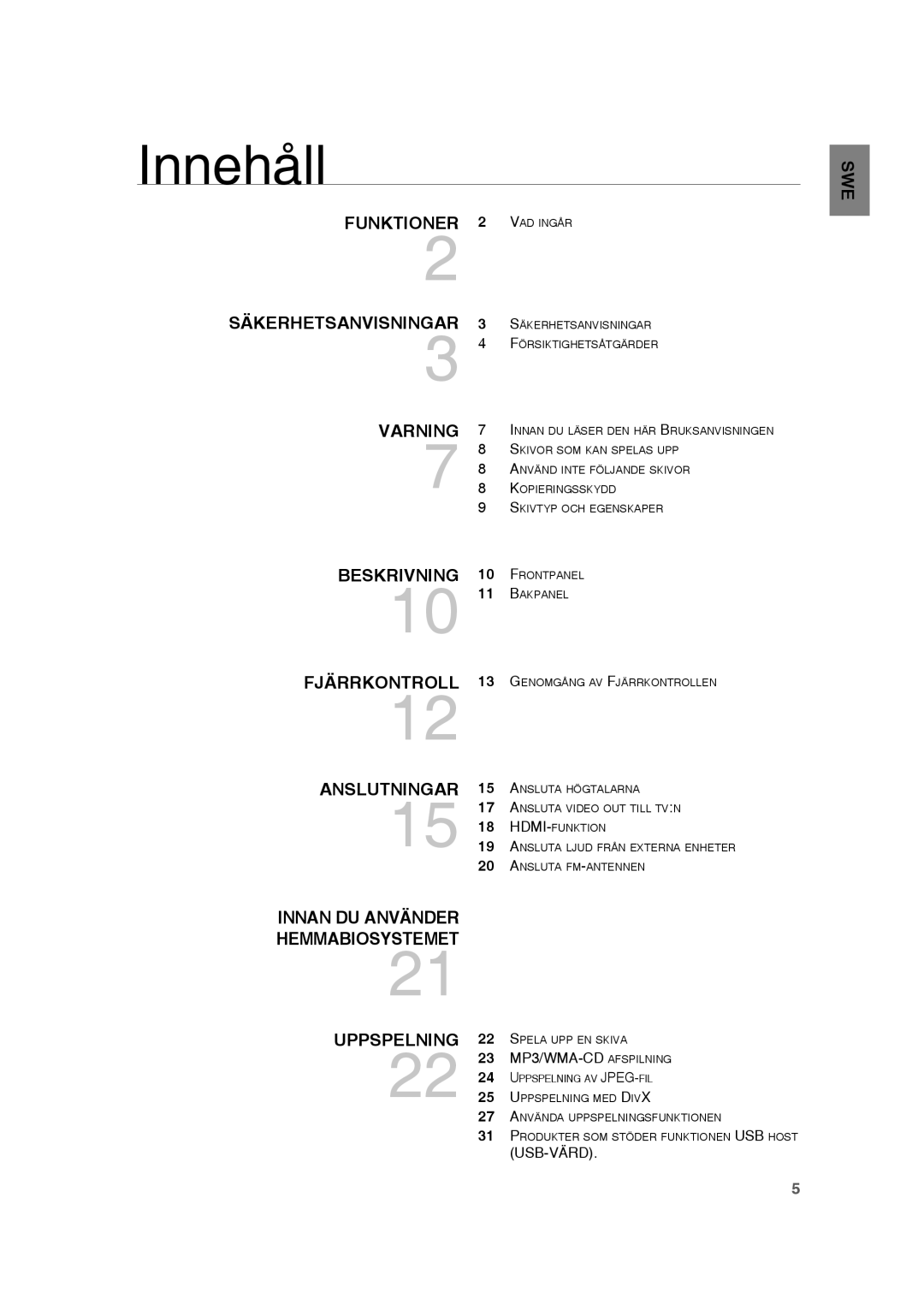 Samsung RTS-HE20T/XEE manual Innehåll, Varning 