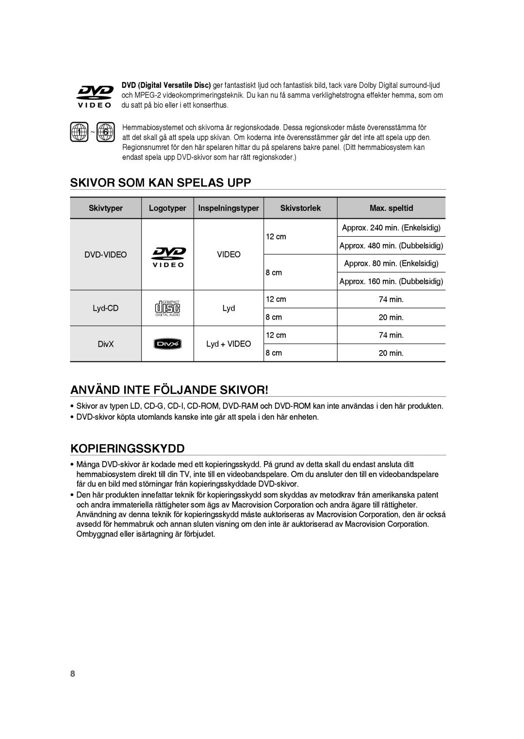 Samsung RTS-HE20T/XEE Skivor SOM KAN Spelas UPP, Använd Inte Följande Skivor, Kopieringsskydd, Logotyper, Skivstorlek 