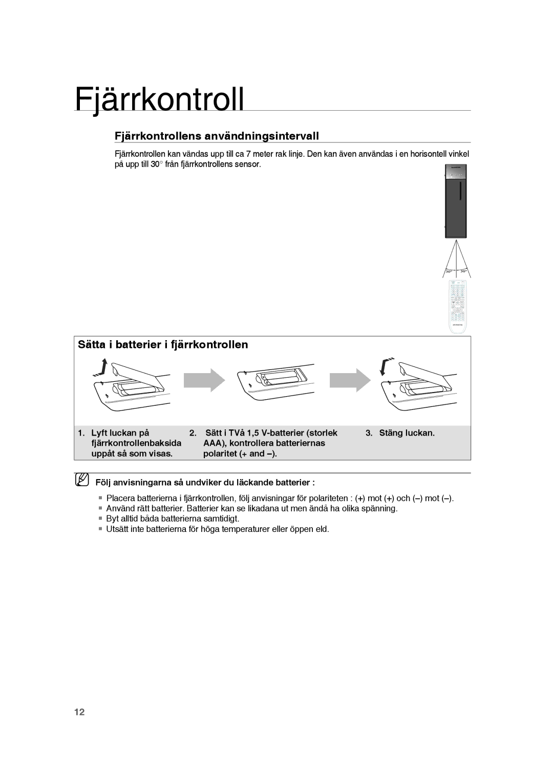 Samsung RTS-HE20T/XEE manual Fjärrkontrollens användningsintervall, Sätta i batterier i fjärrkontrollen 