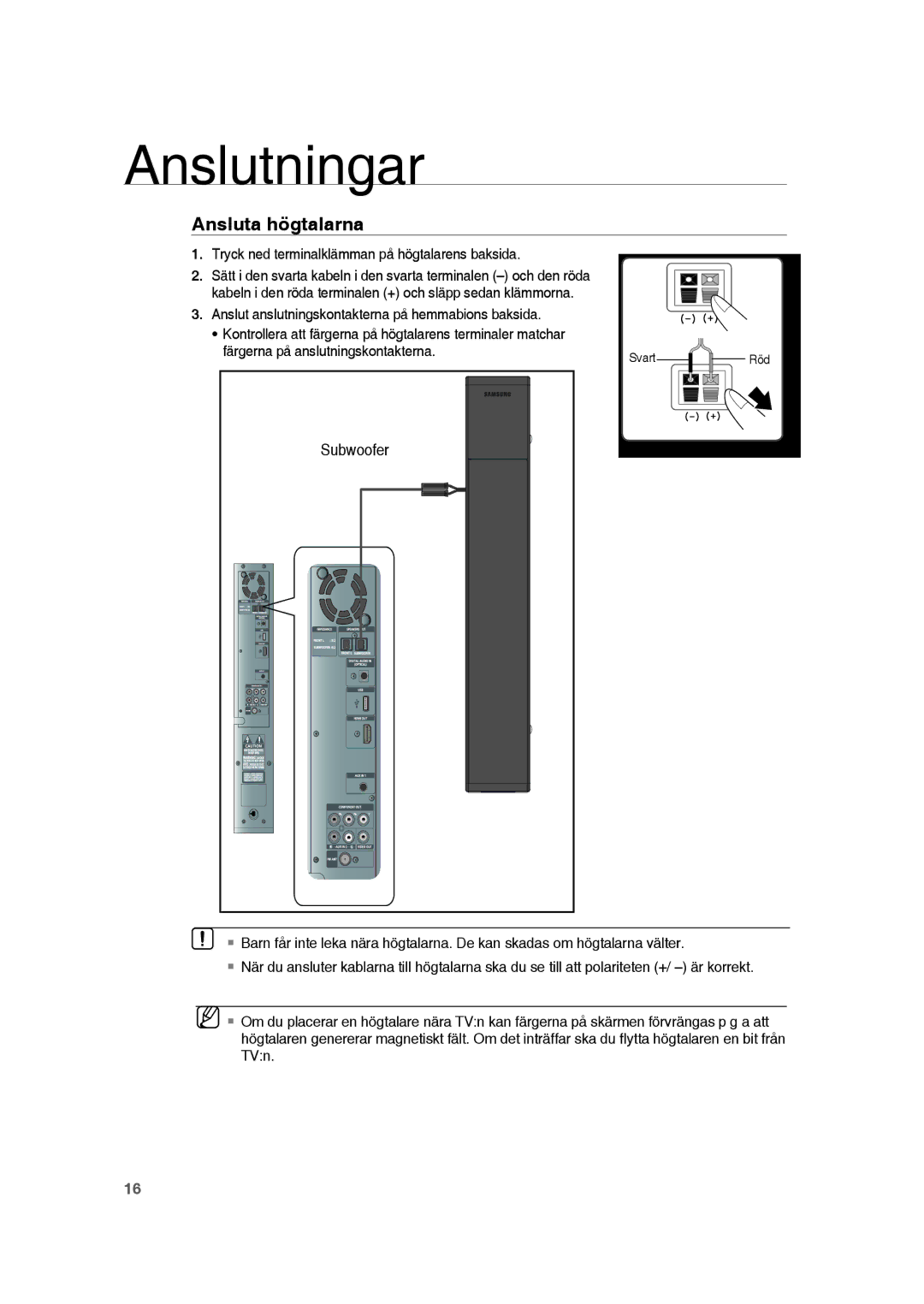 Samsung RTS-HE20T/XEE manual Ansluta högtalarna, Tryck ned terminalklämman på högtalarens baksida 