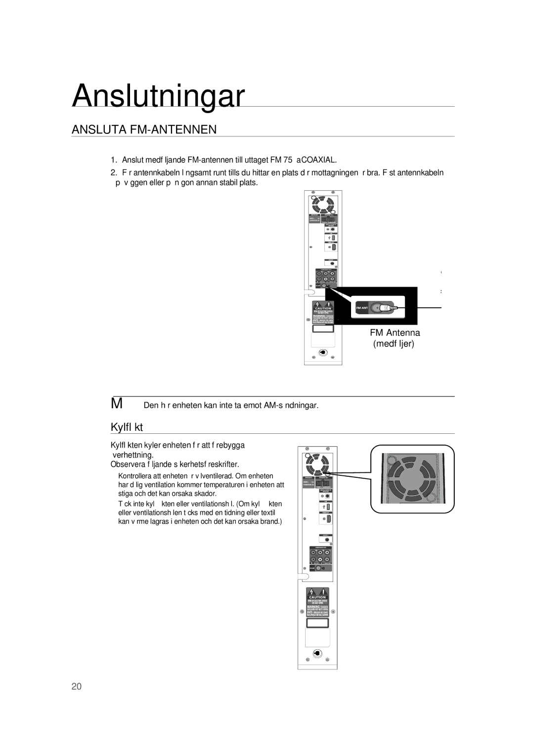 Samsung RTS-HE20T/XEE manual Ansluta FM-ANTENNEN, Kylfläkt,  Den här enheten kan inte ta emot AM-sändningar 