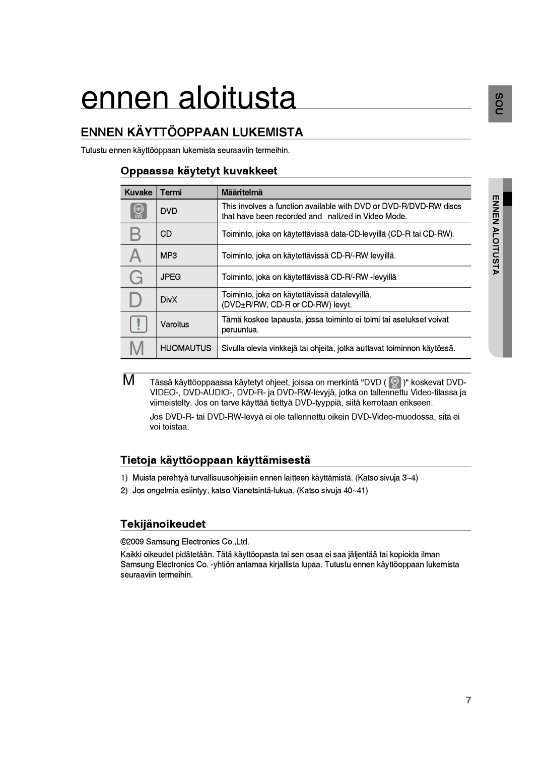 Samsung RTS-HE20T/XEE manual Ennen aloitusta, Ennen Käyttöoppaan Lukemista, Oppaassa käytetyt kuvakkeet, Tekijänoikeudet 