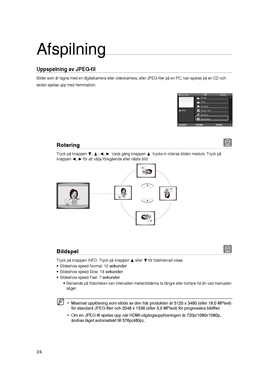 Samsung RTS-HE20T/XEE manual Uppspelning av JPEG-fil, Rotering, Bildspel 