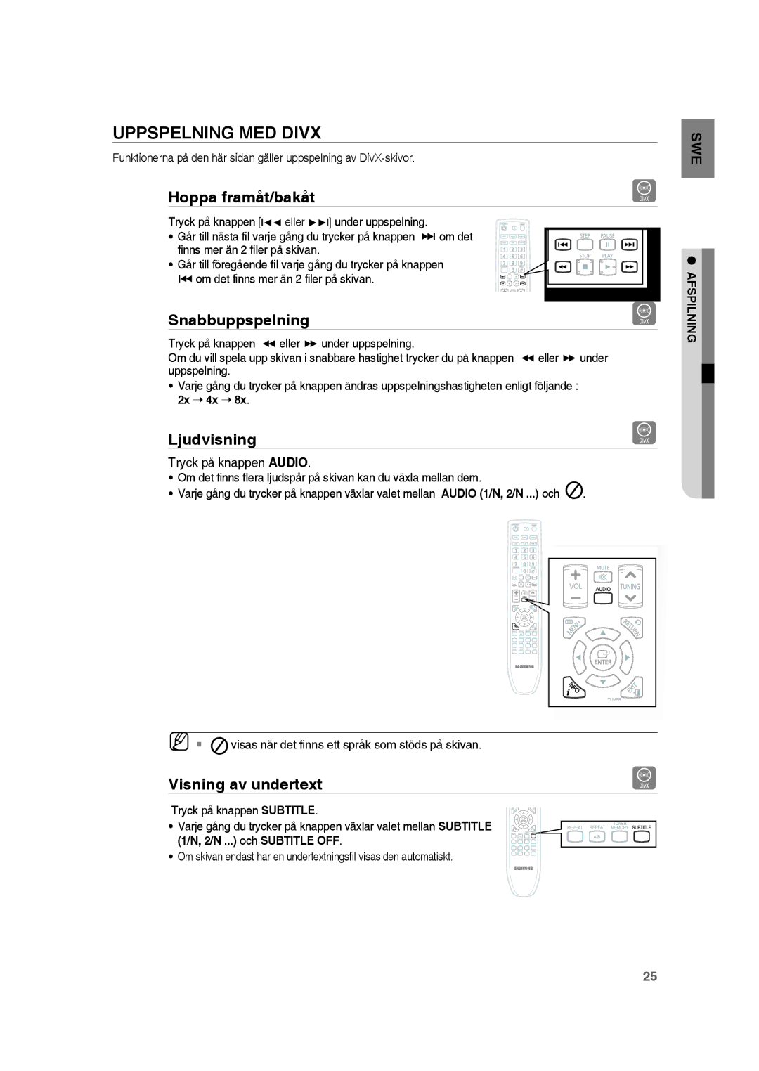 Samsung RTS-HE20T/XEE manual Uppspelning MED Divx, Hoppa framåt/bakåt, Snabbuppspelning, Ljudvisning, Visning av undertext 