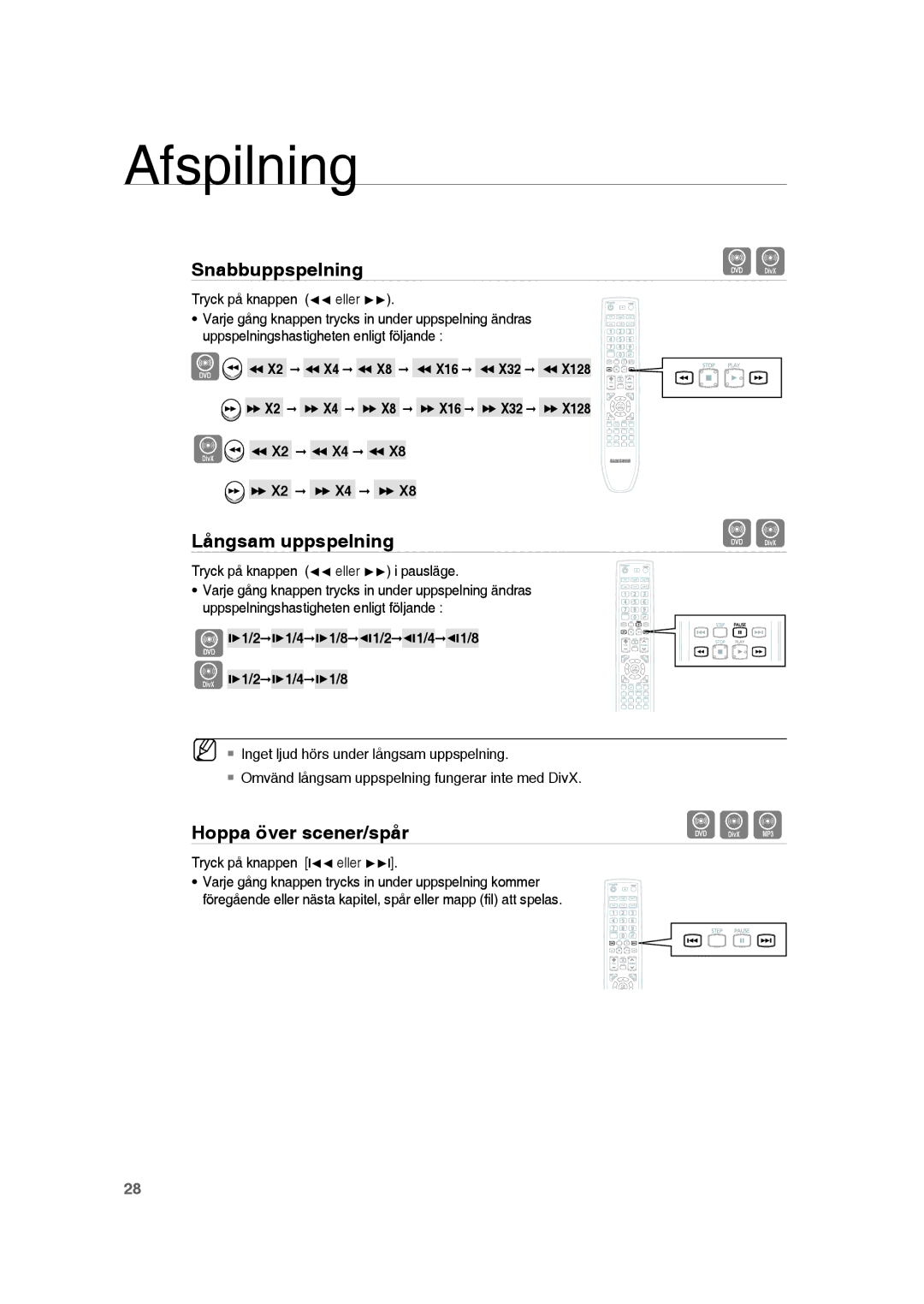 Samsung RTS-HE20T/XEE manual Långsam uppspelning, Hoppa över scener/spår, Tryck på knappen l√√ eller l 