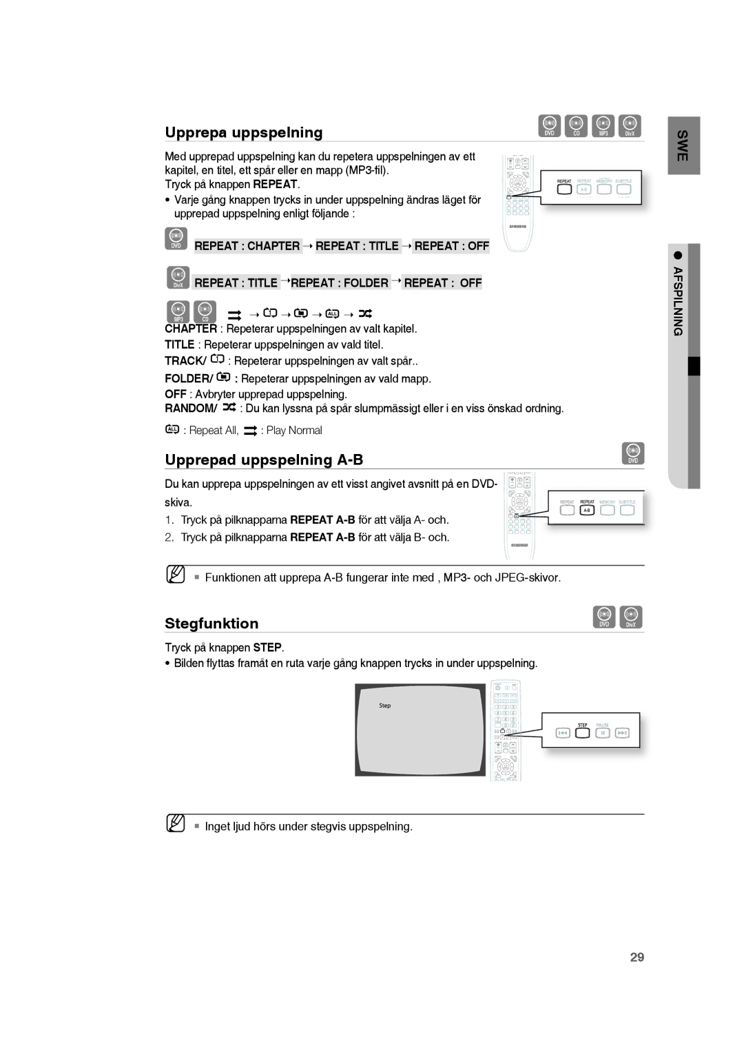 Samsung RTS-HE20T/XEE manual Upprepa uppspelning, Upprepad uppspelning A-B, Stegfunktion 