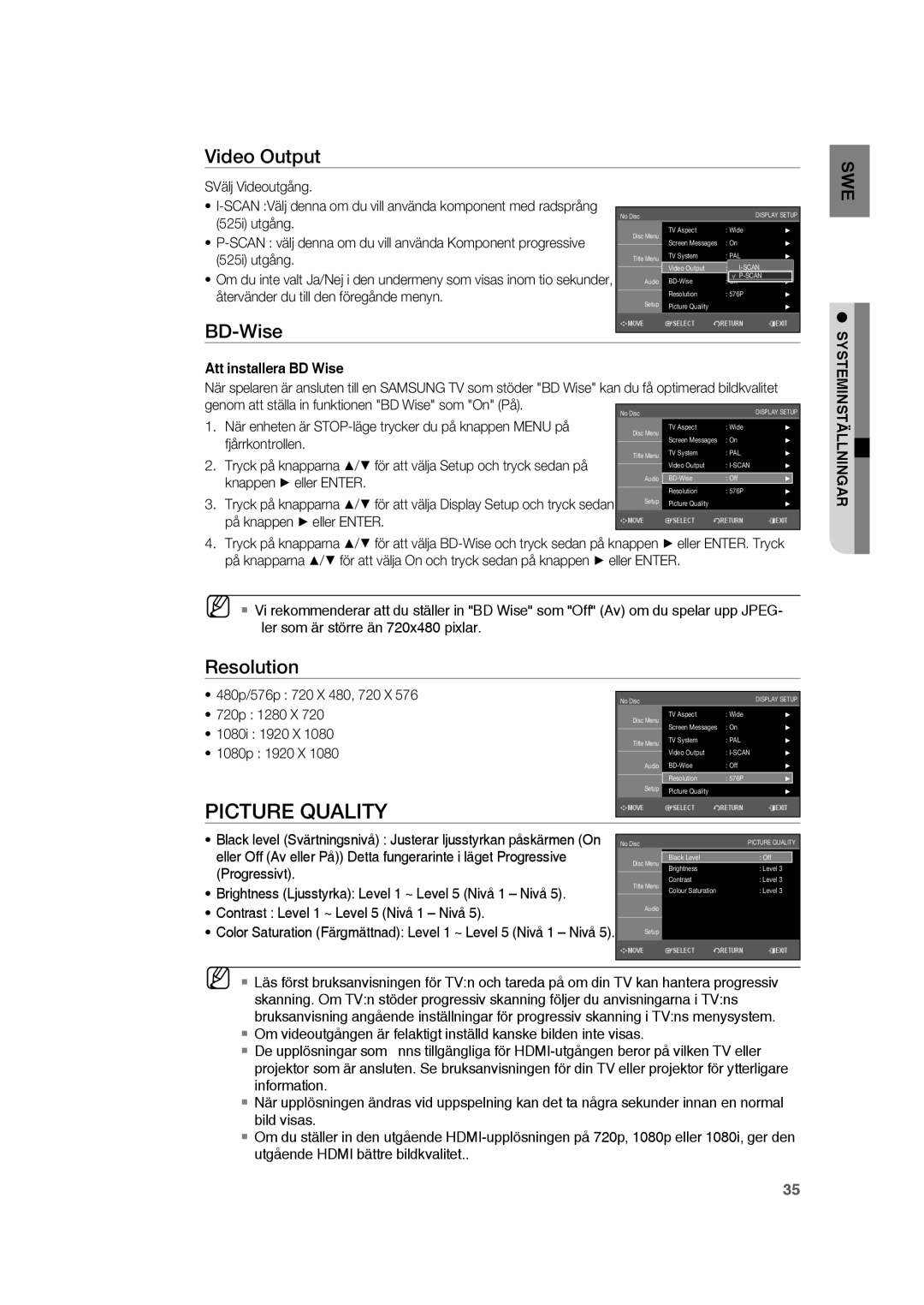 Samsung RTS-HE20T/XEE manual Picture Quality, Att installera BD Wise, Systeminställningar 