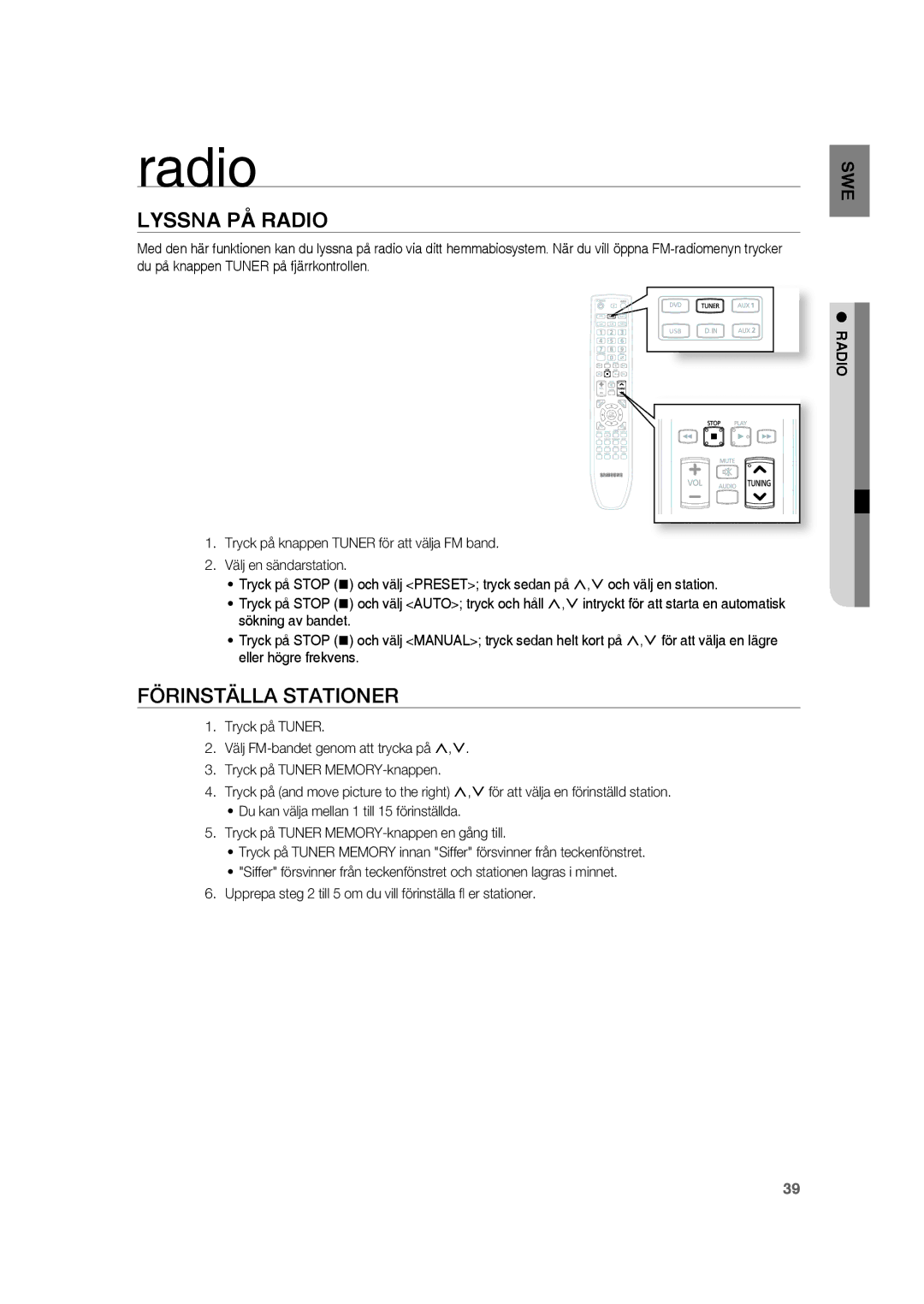 Samsung RTS-HE20T/XEE manual Lyssna PÅ Radio, Förinställa Stationer 