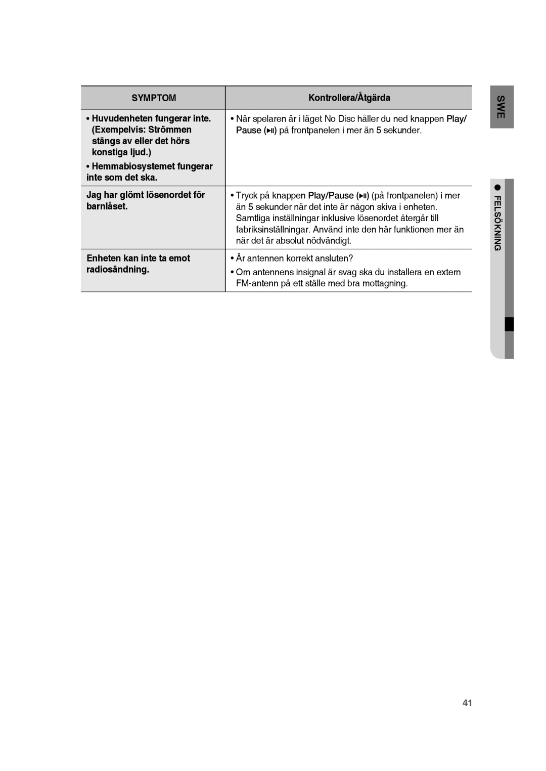 Samsung RTS-HE20T/XEE manual Exempelvis Strömmen, Barnlåset, Enheten kan inte ta emot, Radiosändning, Felsökning 