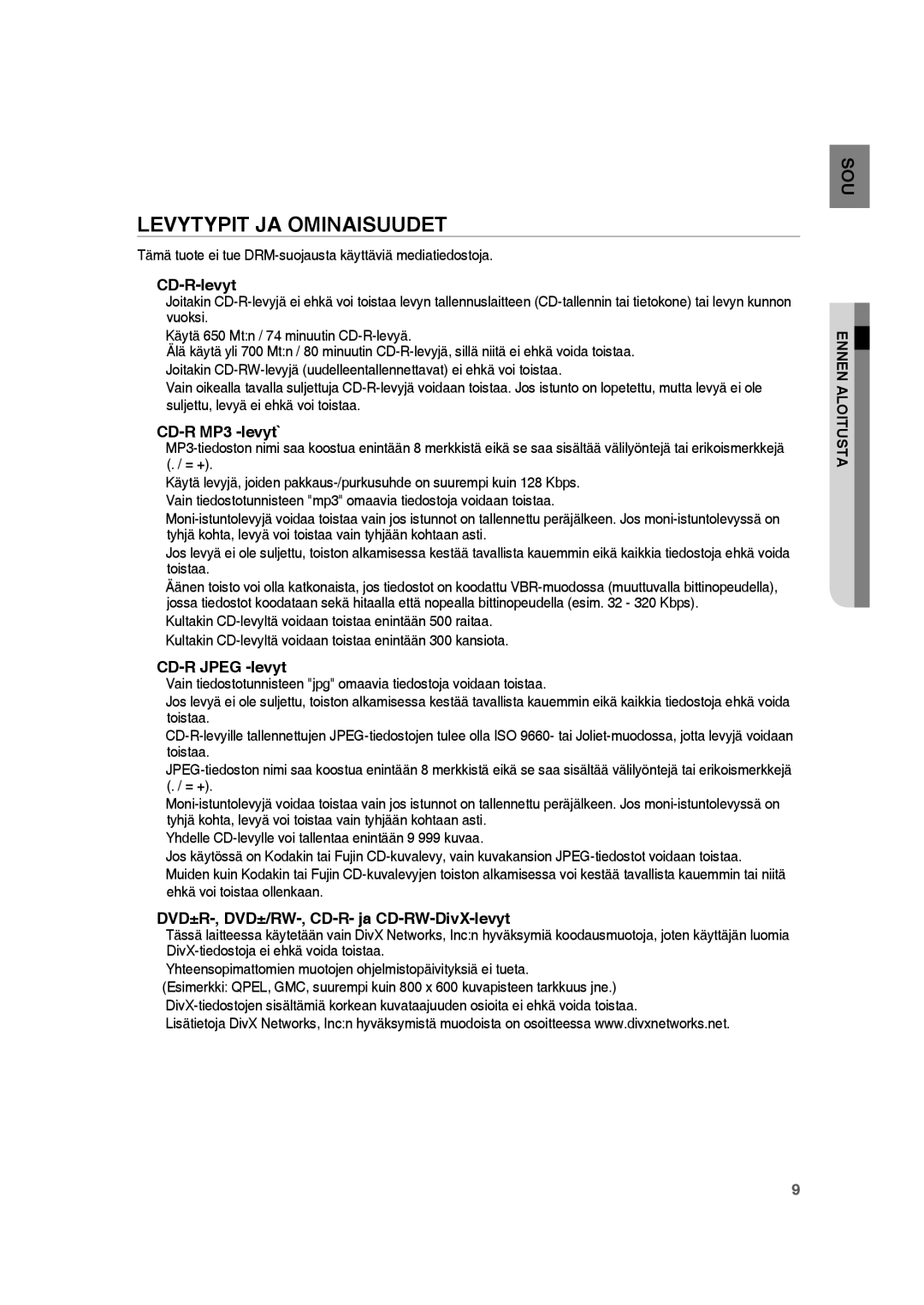 Samsung RTS-HE20T/XEE manual Levytypit JA Ominaisuudet, CD-R-levyt, CD-R MP3 -levyt`, CD-R Jpeg -levyt 