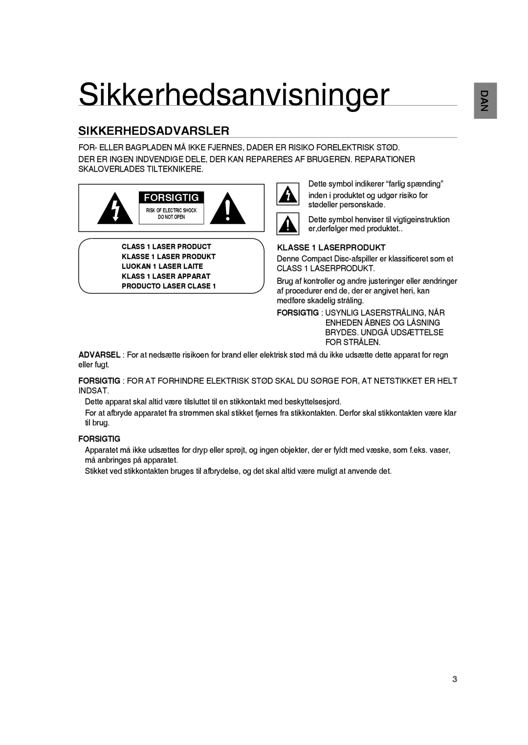 Samsung RTS-HE20T/XEE manual Sikkerhedsanvisninger, Sikkerhedsadvarsler, Klasse 1 Laserprodukt, Forsigtig 