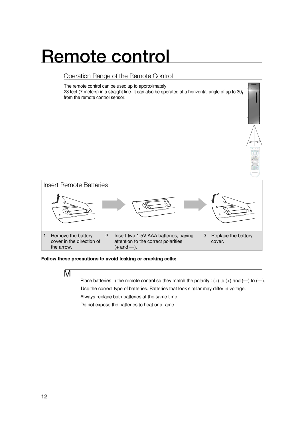 Samsung RTS-HE20T/XEF manual Remote control, Operation Range of the Remote Control, Insert Remote Batteries, Cover 