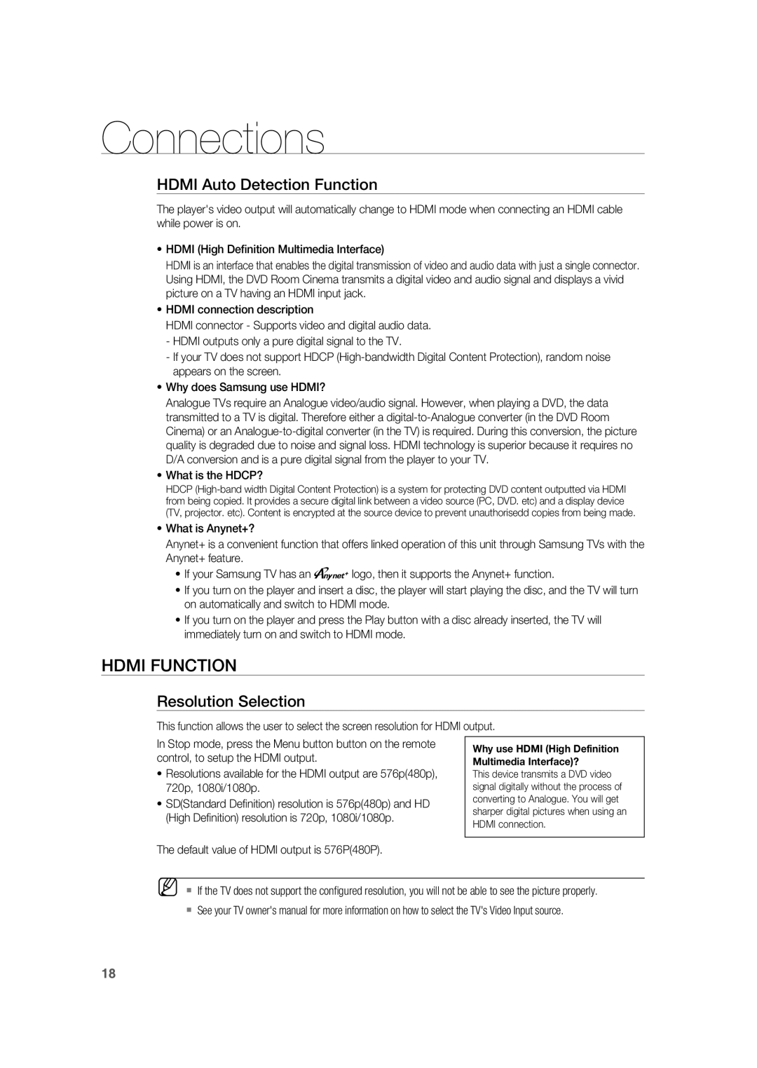 Samsung RTS-HE20T/XEF manual Hdmi Function, Hdmi Auto Detection Function, Resolution Selection, What is the HDCP? 