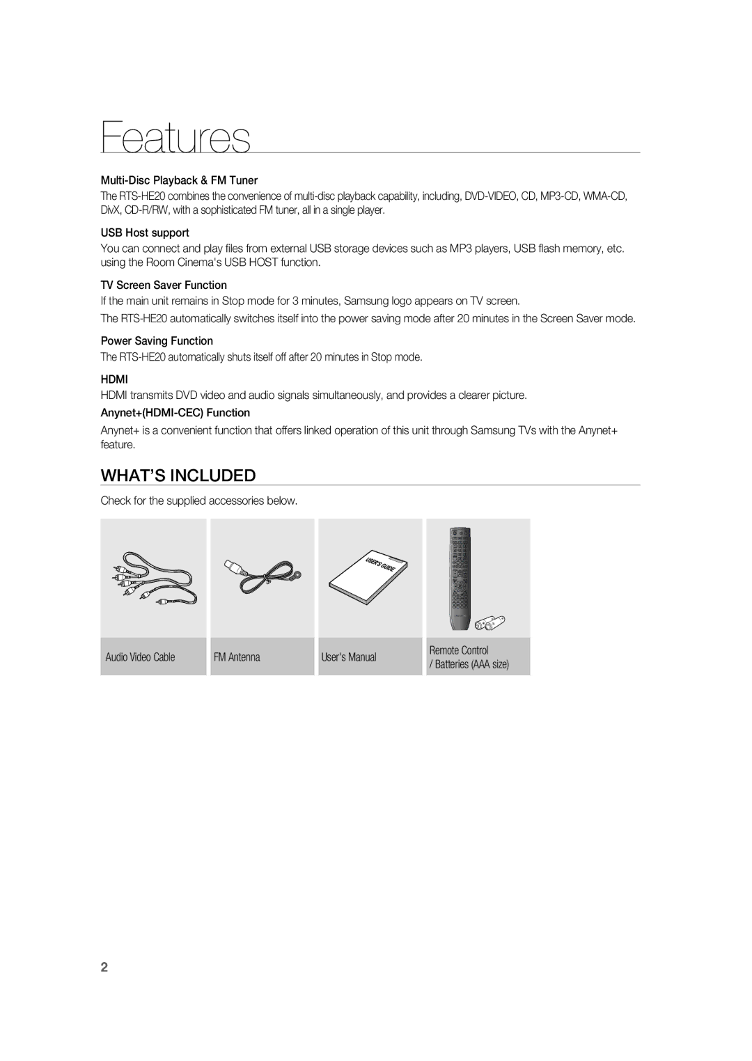 Samsung RTS-HE20T/XEF manual Features, WHAT’S Included, Multi-Disc Playback & FM Tuner, Hdmi 