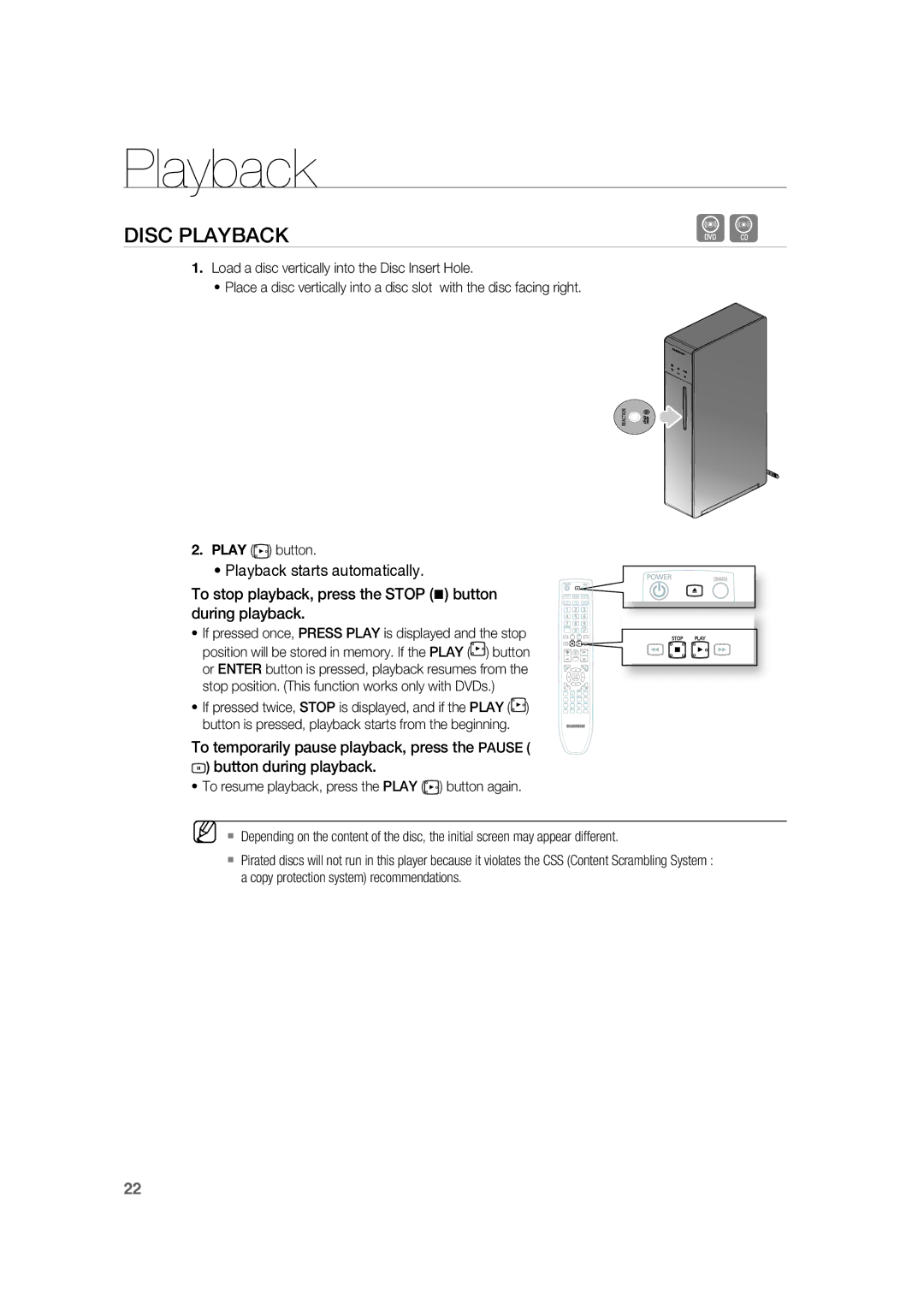 Samsung RTS-HE20T/XEF manual Disc Playback 