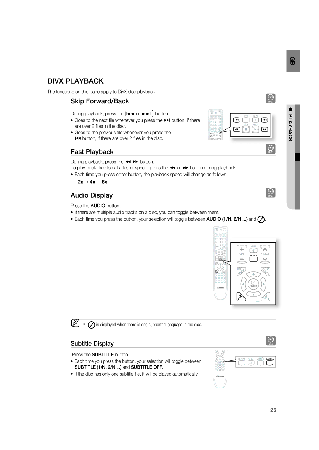 Samsung RTS-HE20T/XEF manual Divx Playback, Skip Forward/Back, Fast Playback, Audio Display, Subtitle Display 