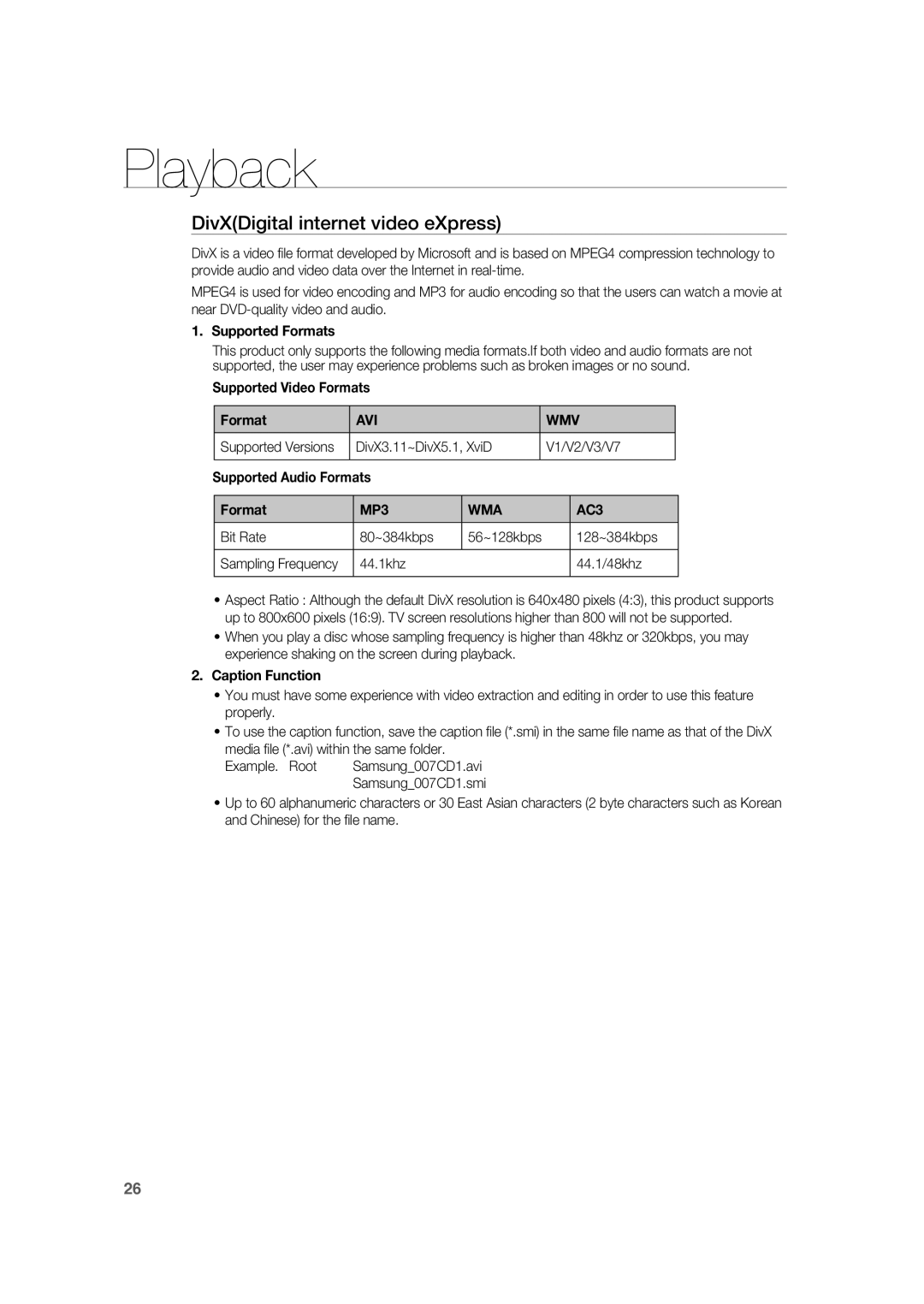 Samsung RTS-HE20T/XEF manual DivXDigital internet video eXpress, Avi Wmv, MP3 WMA AC3 