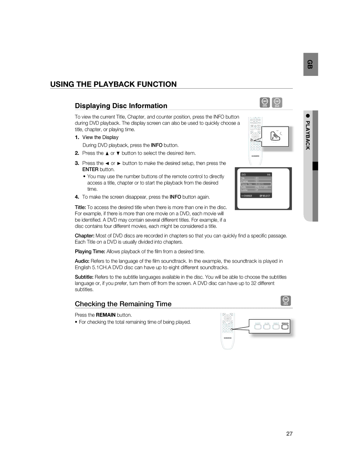 Samsung RTS-HE20T/XEF manual Using the Playback Function, Checking the Remaining Time 