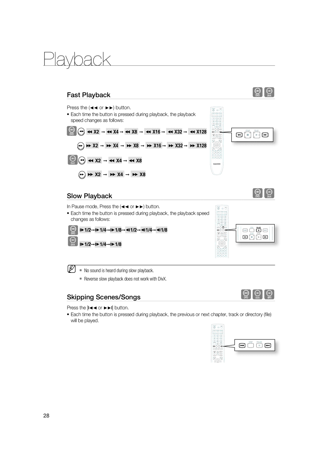 Samsung RTS-HE20T/XEF manual Slow Playback, Skipping Scenes/Songs, 1/21/41/81/21/41/8 