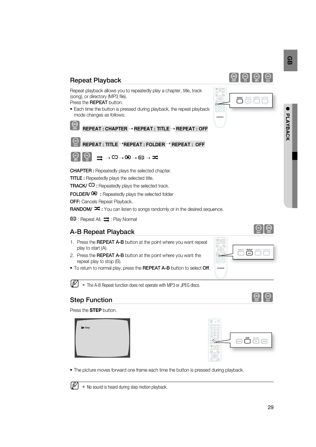 Samsung RTS-HE20T/XEF Repeat Playback, Step Function, Repeat Chapter Repeat Title, Repeat Title Repeat Folder Repeat OFF 