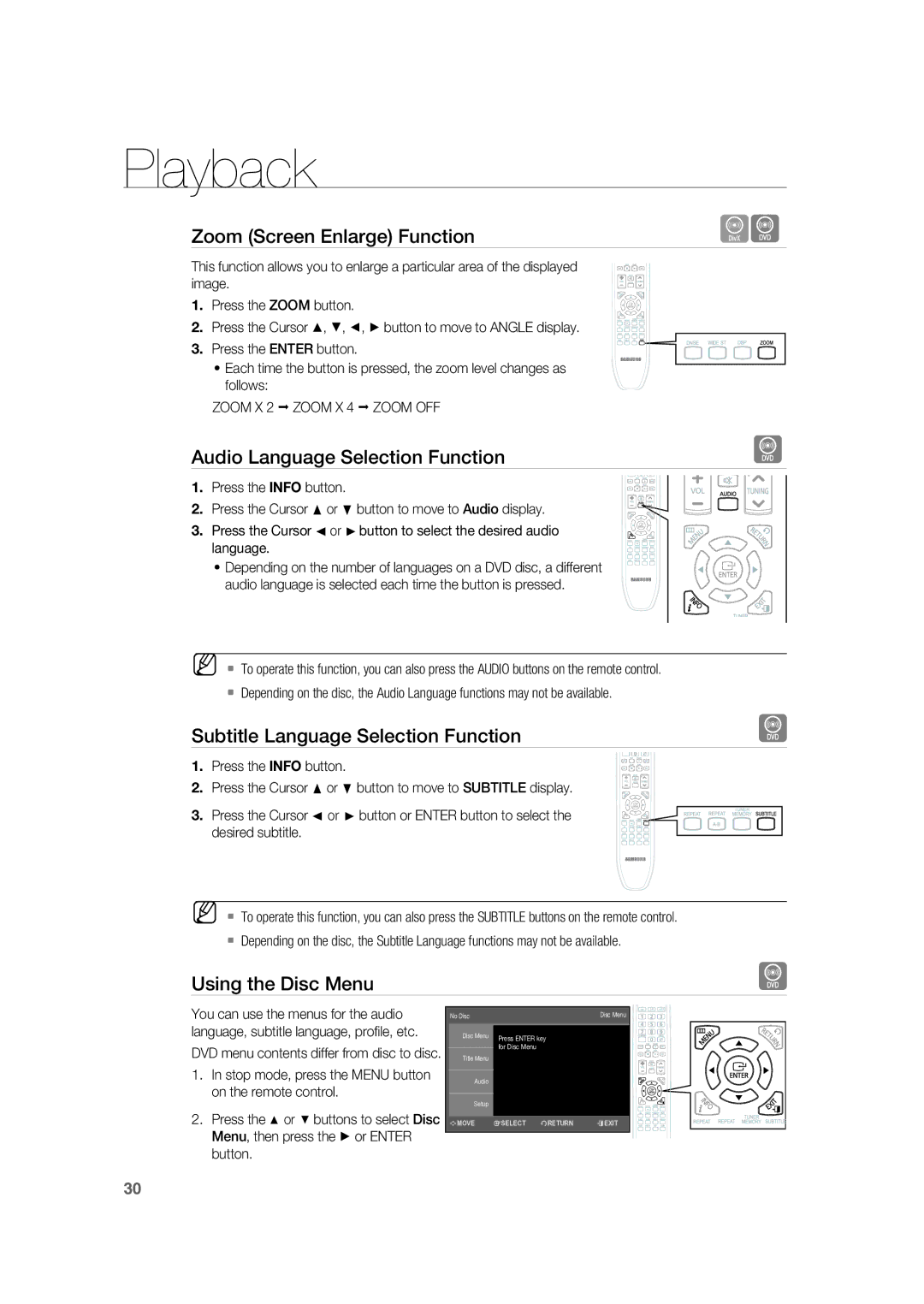 Samsung RTS-HE20T/XEF manual Zoom Screen Enlarge Function, Audio Language Selection Function, Using the Disc Menu 