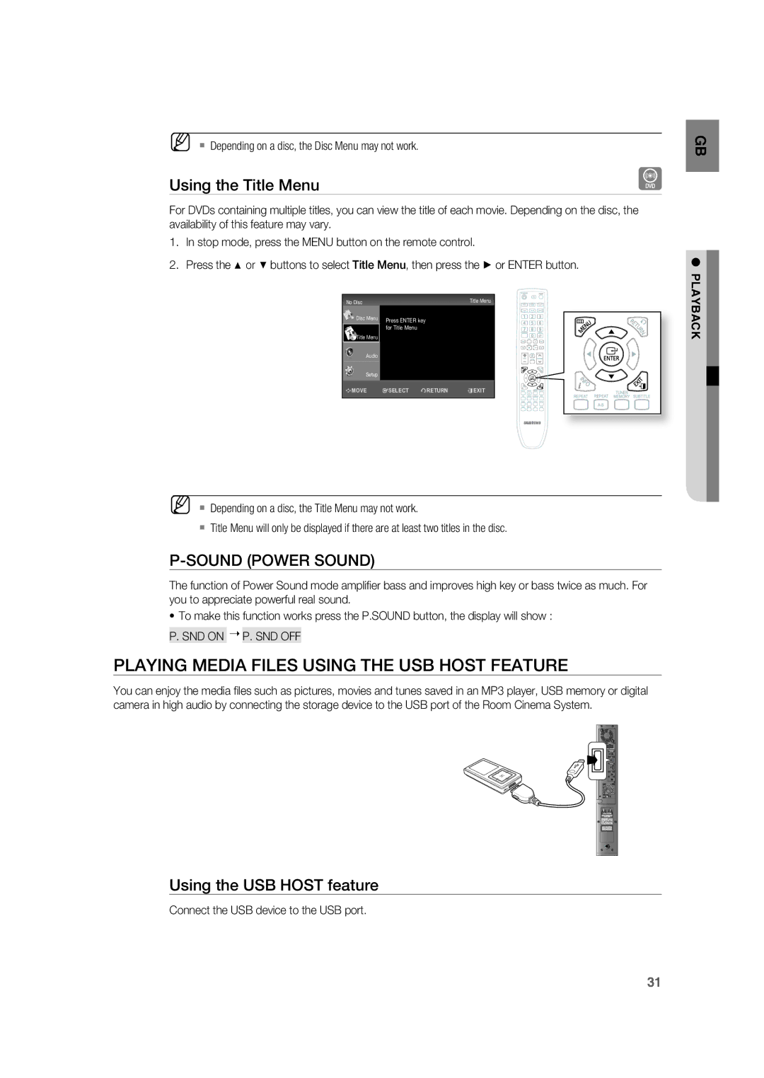 Samsung RTS-HE20T/XEF Playing Media Files Using the USB Host Feature, Using the Title Menu, Using the USB Host feature 