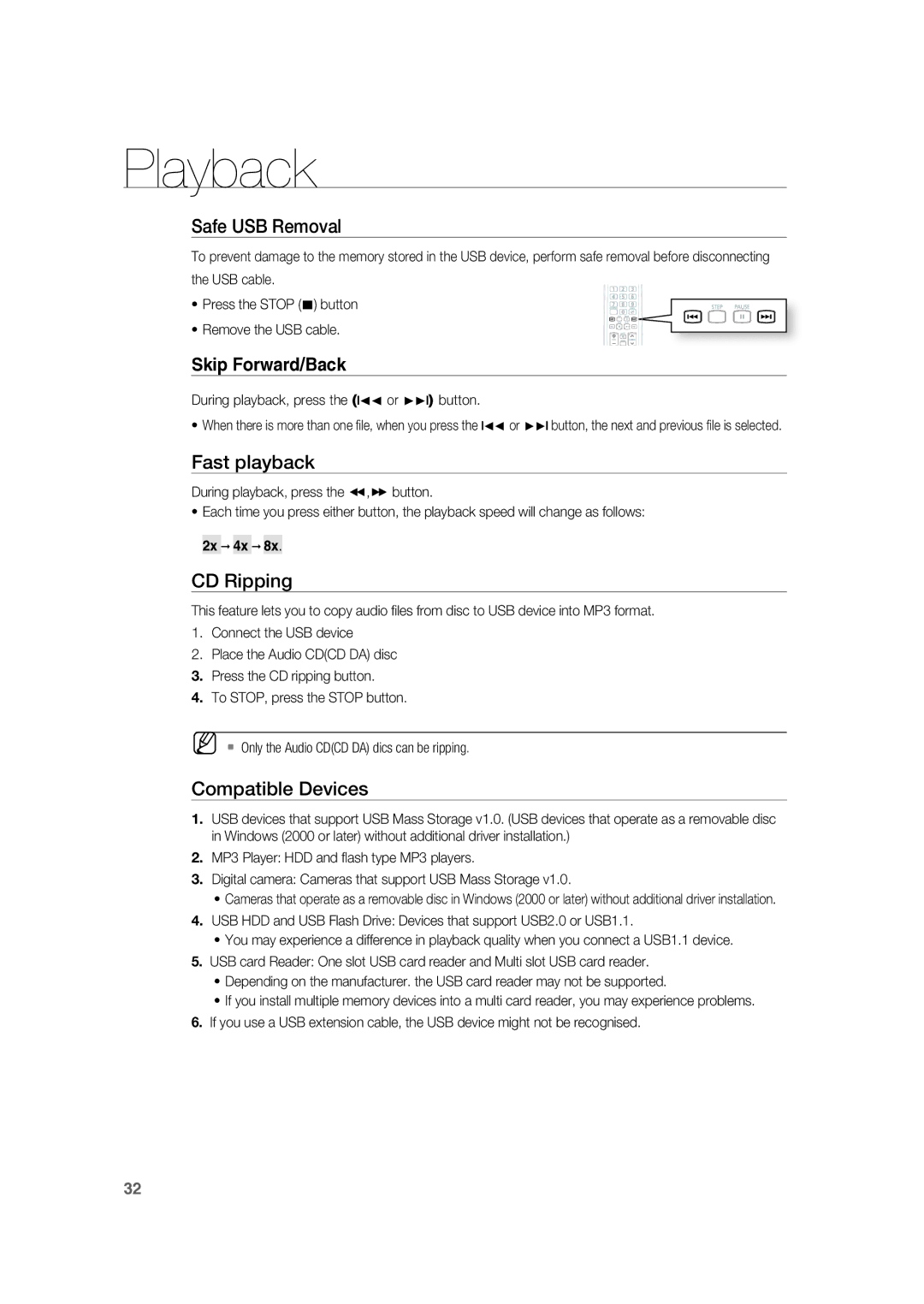 Samsung RTS-HE20T/XEF manual Safe USB Removal, CD Ripping, Compatible Devices, During playback, press the l√√ or l button 