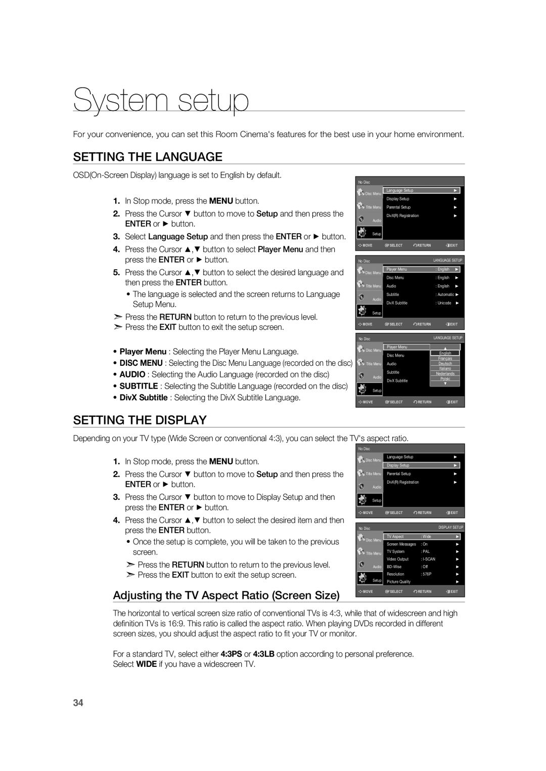 Samsung RTS-HE20T/XEF System setup, Setting the Language, Setting the Display, Adjusting the TV Aspect Ratio Screen Size 