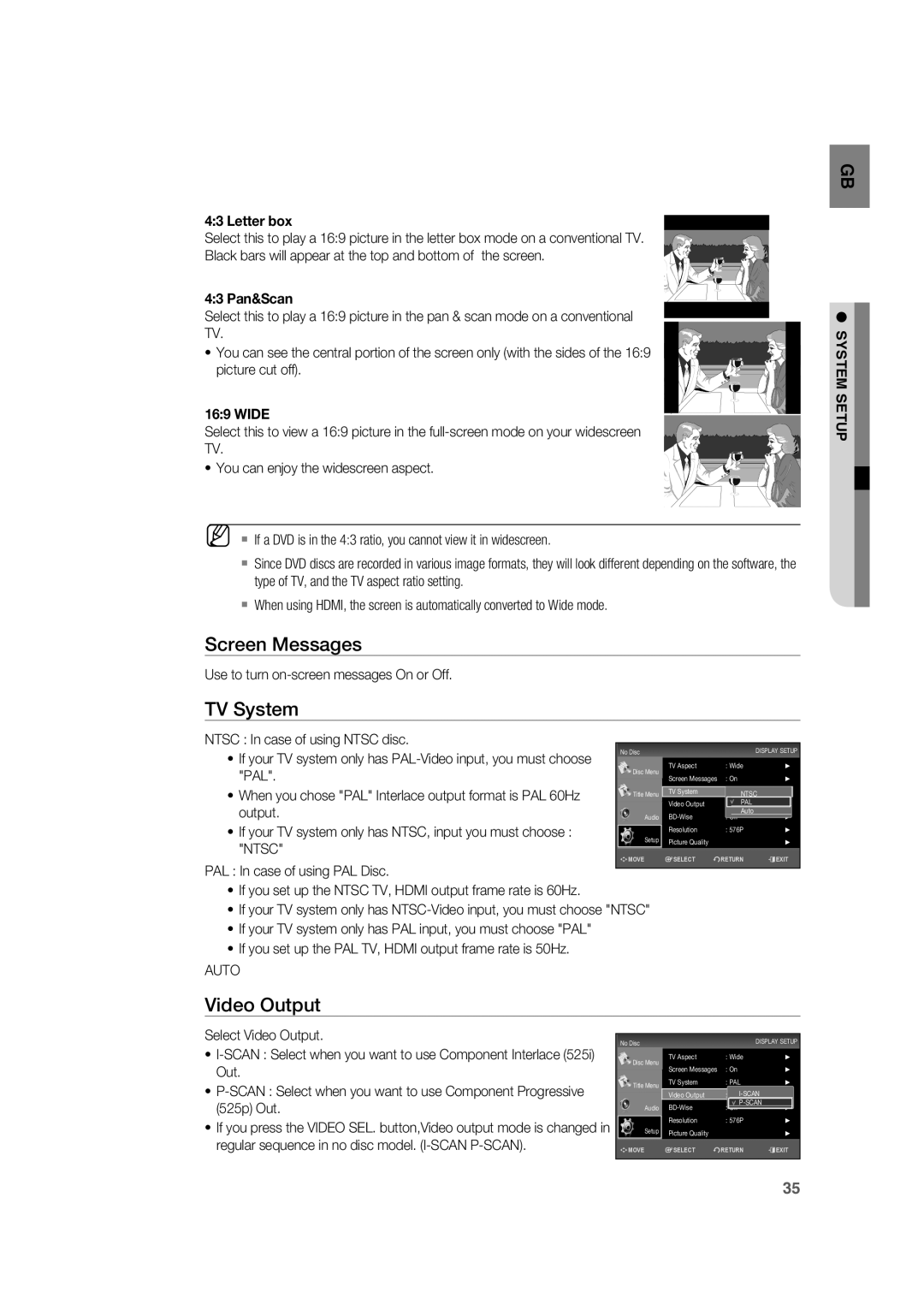 Samsung RTS-HE20T/XEF manual Screen Messages, TV System, Video Output, System Setup 