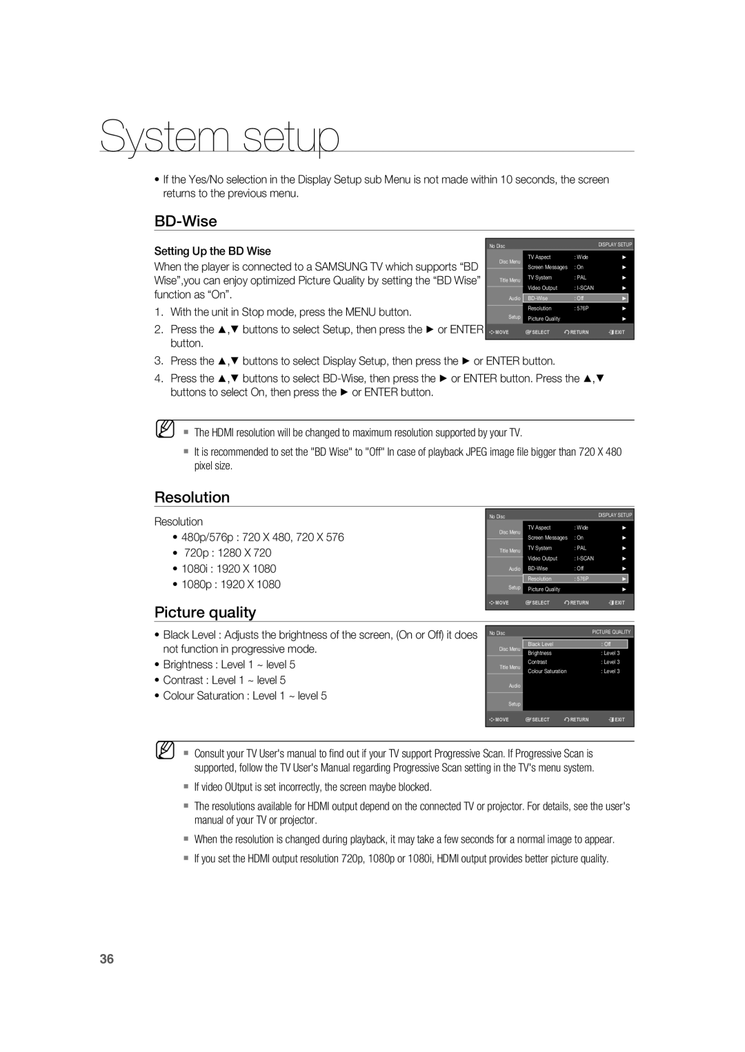 Samsung RTS-HE20T/XEF manual BD-Wise, Resolution, Picture quality 