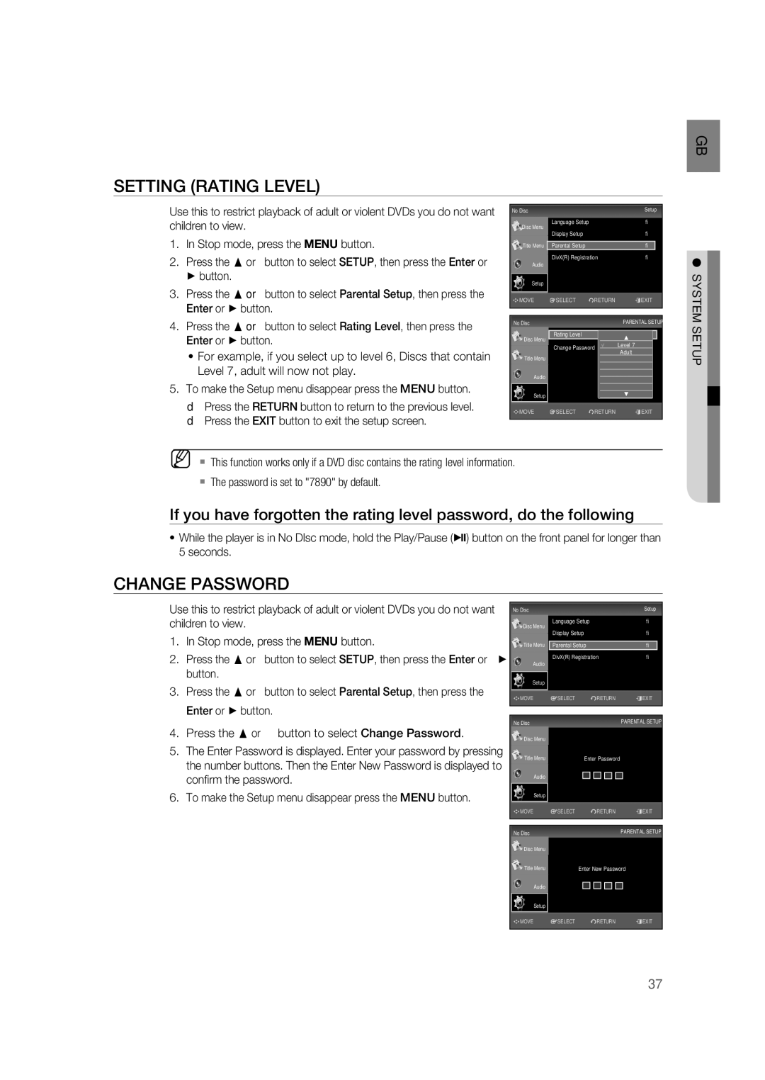 Samsung RTS-HE20T/XEF manual Setting Rating Level, Change Password 