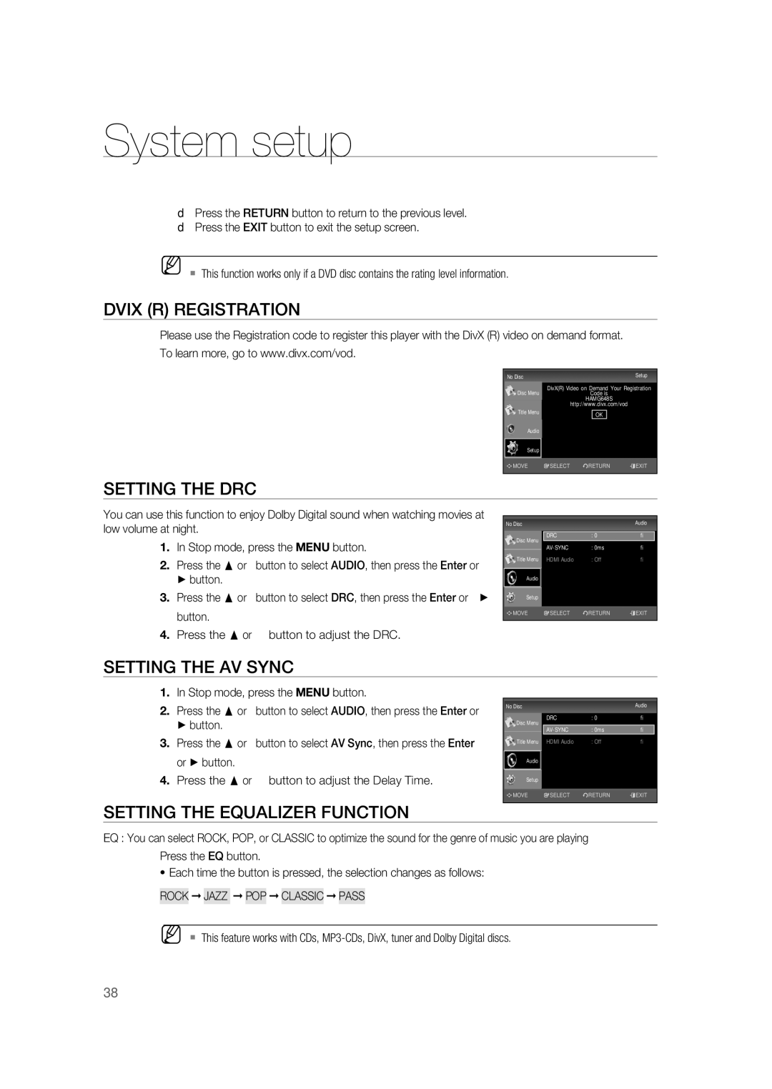 Samsung RTS-HE20T/XEF manual Dvix R Registration, Setting the DRC, Setting the AV Sync, Setting the Equalizer Function 