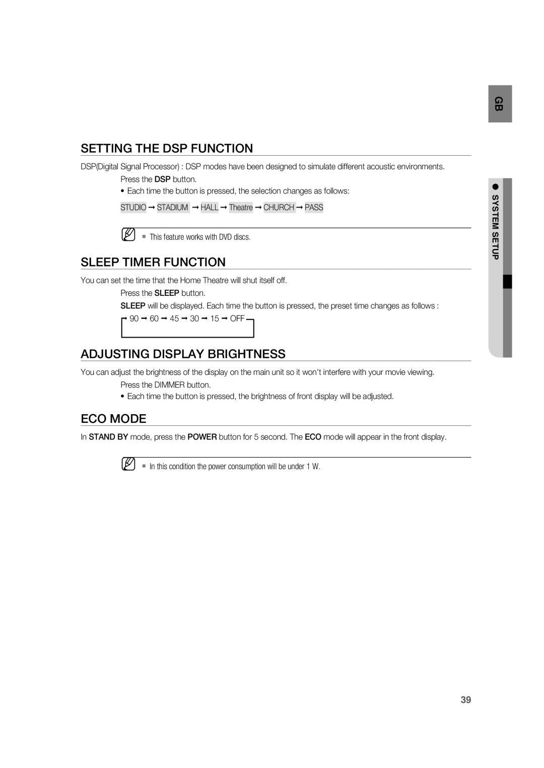 Samsung RTS-HE20T/XEF manual Setting the DSP Function, Sleep Timer Function, Adjusting Display Brightness, ECO Mode 