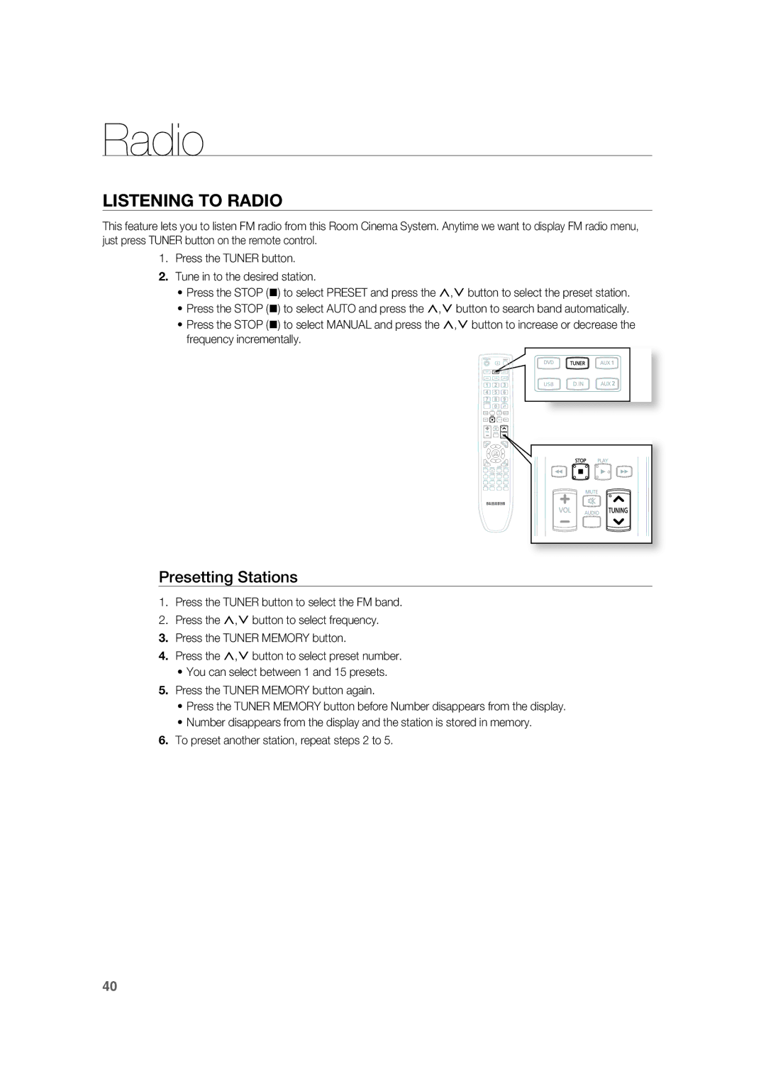 Samsung RTS-HE20T/XEF manual Radio, Presetting Stations 