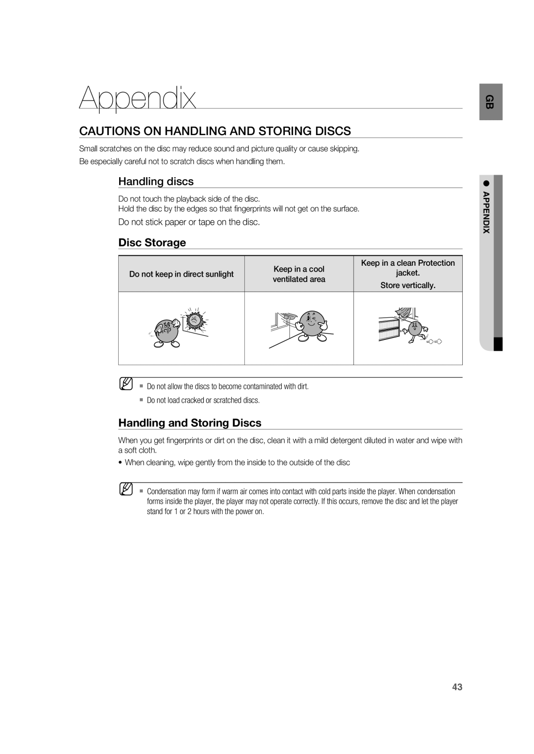 Samsung RTS-HE20T/XEF manual Appendix, Handling discs 