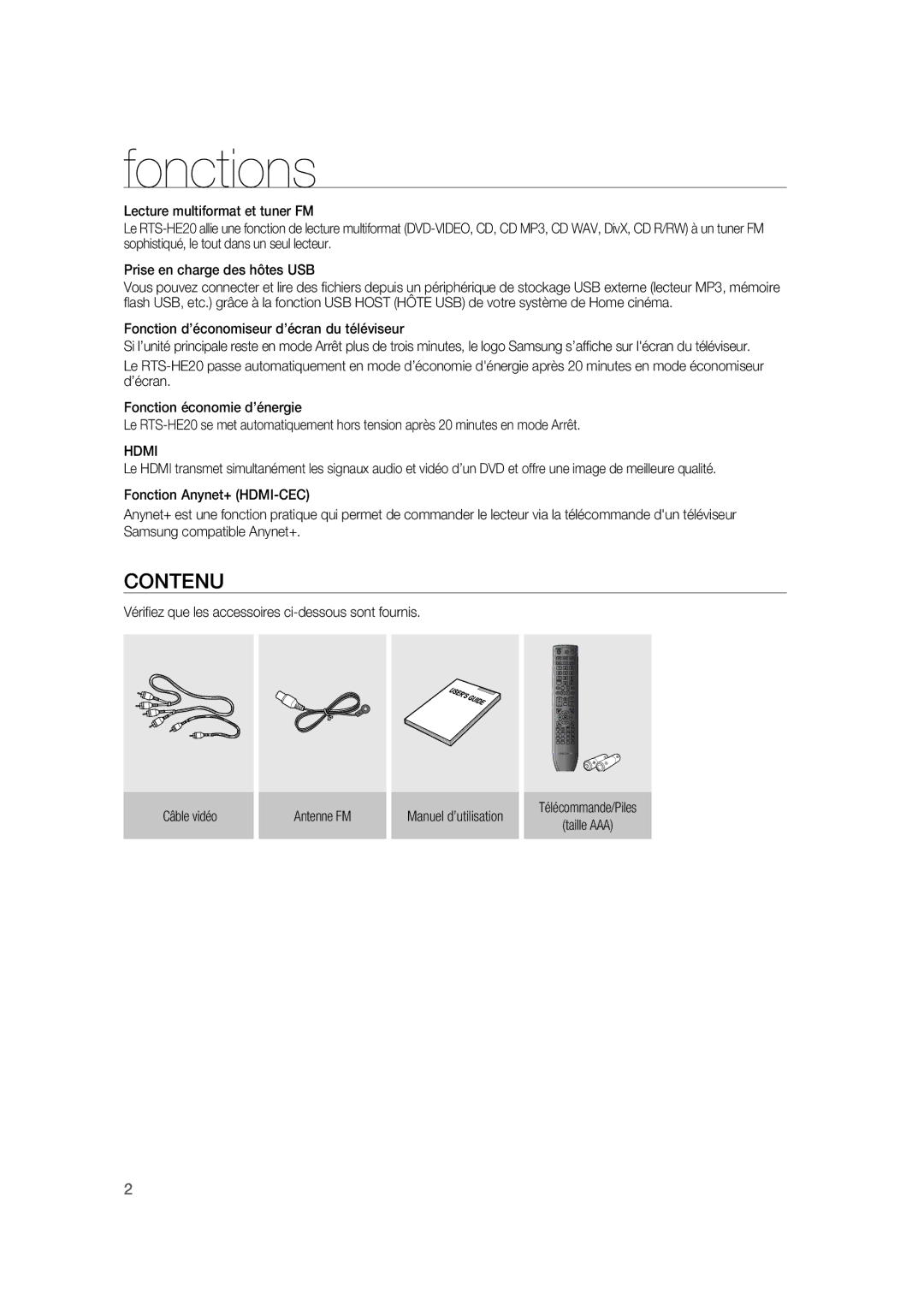 Samsung RTS-HE20T/XEF manual Fonctions, Contenu, Fonction d’économiseur d’écran du téléviseur 