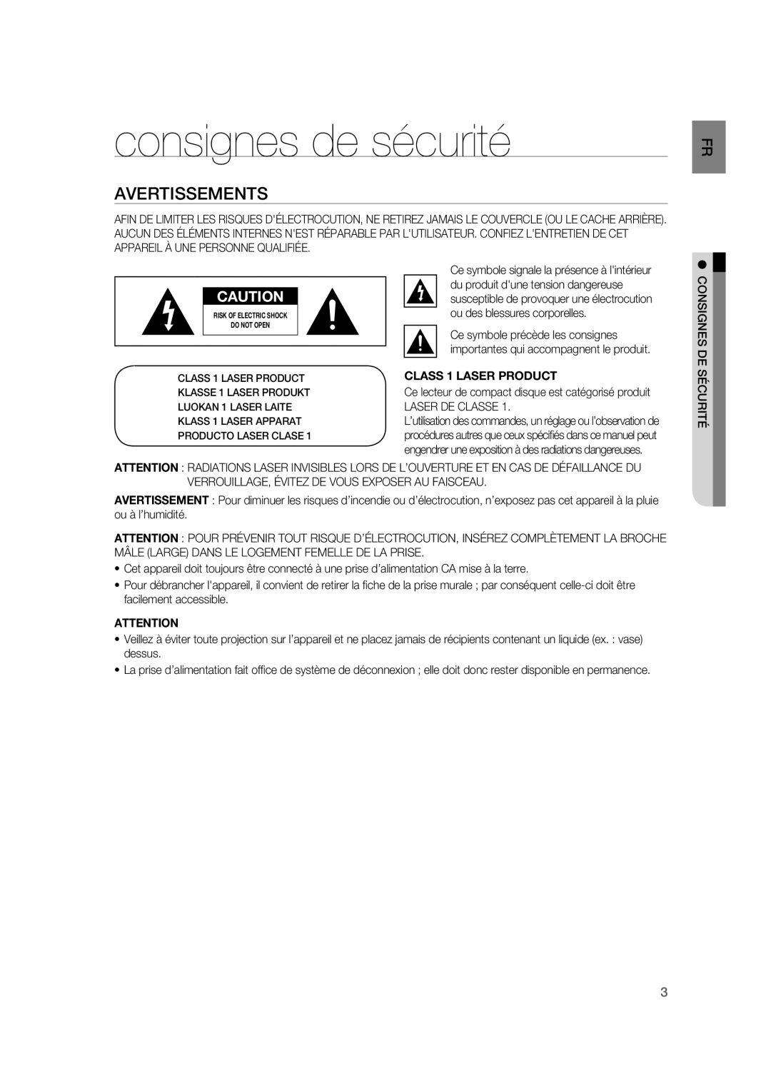 Samsung RTS-HE20T/XEF Consignes de sécurité, Avertissements, Class 1 Laser Product, Laser DE Classe, Consignes DE Sécurité 