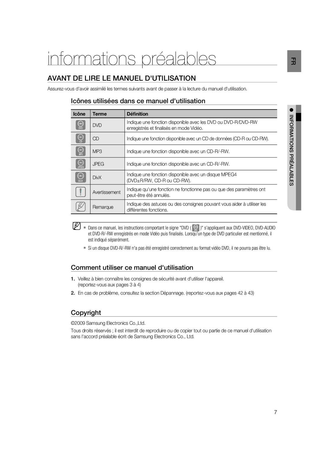 Samsung RTS-HE20T/XEF manual Informations préalables, Avant DE Lire LE Manuel Dutilisation, Icône Terme Déﬁnition 