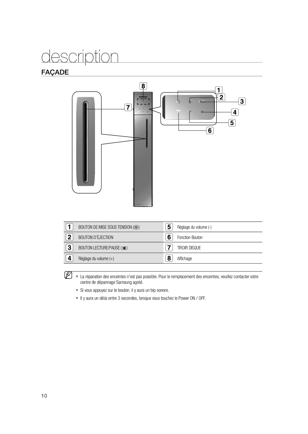 Samsung RTS-HE20T/XEF manual Description, Façade, Bouton D’ÉJECTION, Bouton LECTURE/PAUSE Tiroir Disque 