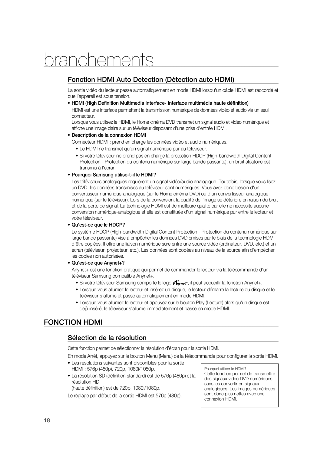 Samsung RTS-HE20T/XEF manual Fonction Hdmi Auto Detection Détection auto Hdmi, Sélection de la résolution 