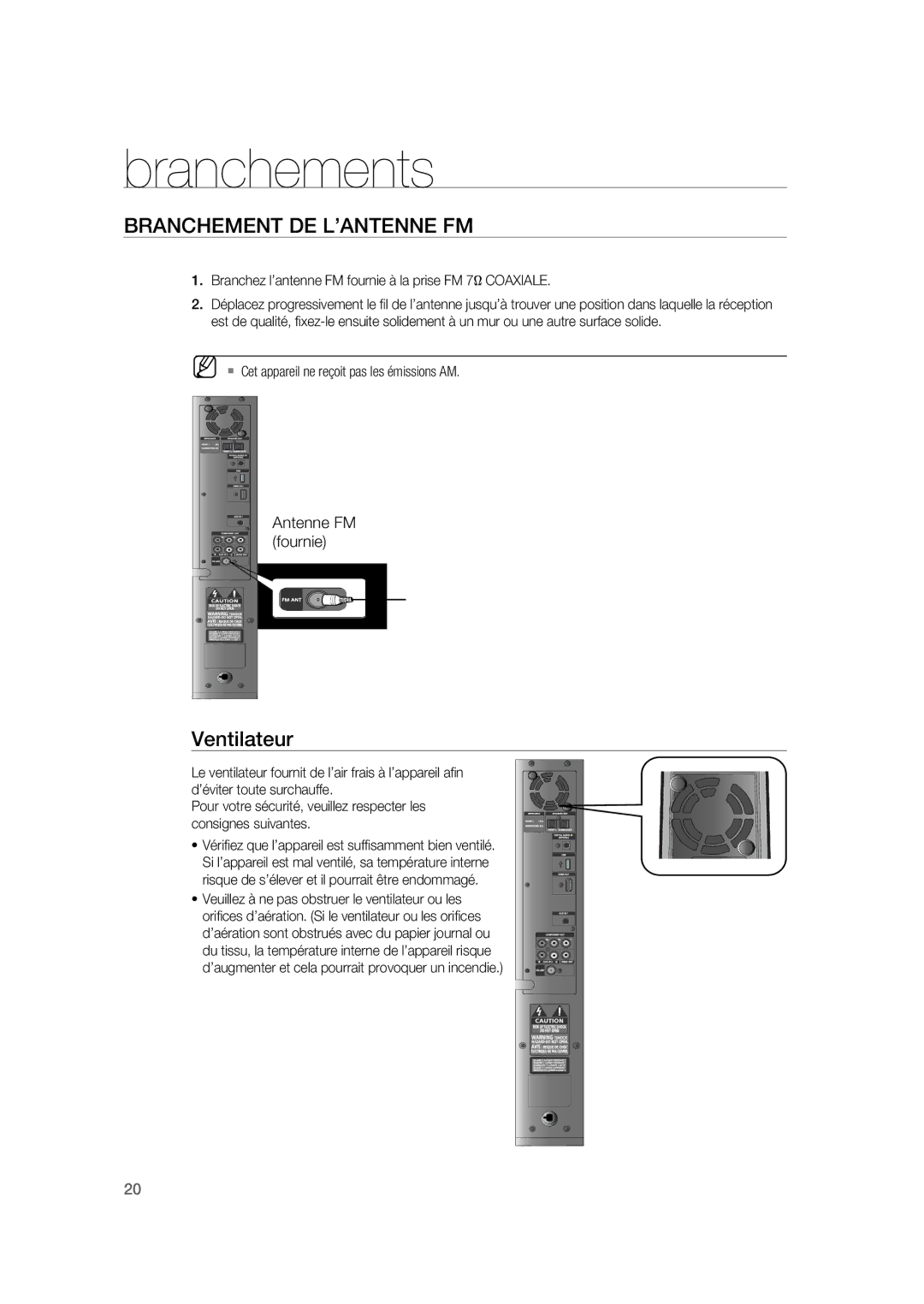 Samsung RTS-HE20T/XEF manual Branchement DE L’ANTENNE FM, Branchez l’antenne FM fournie à la prise FM 7Ω Coaxiale 