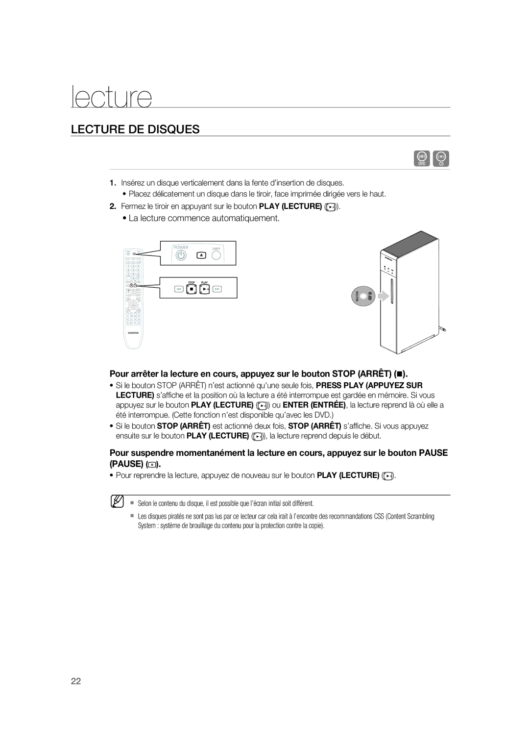 Samsung RTS-HE20T/XEF manual Lecture DE Disques 