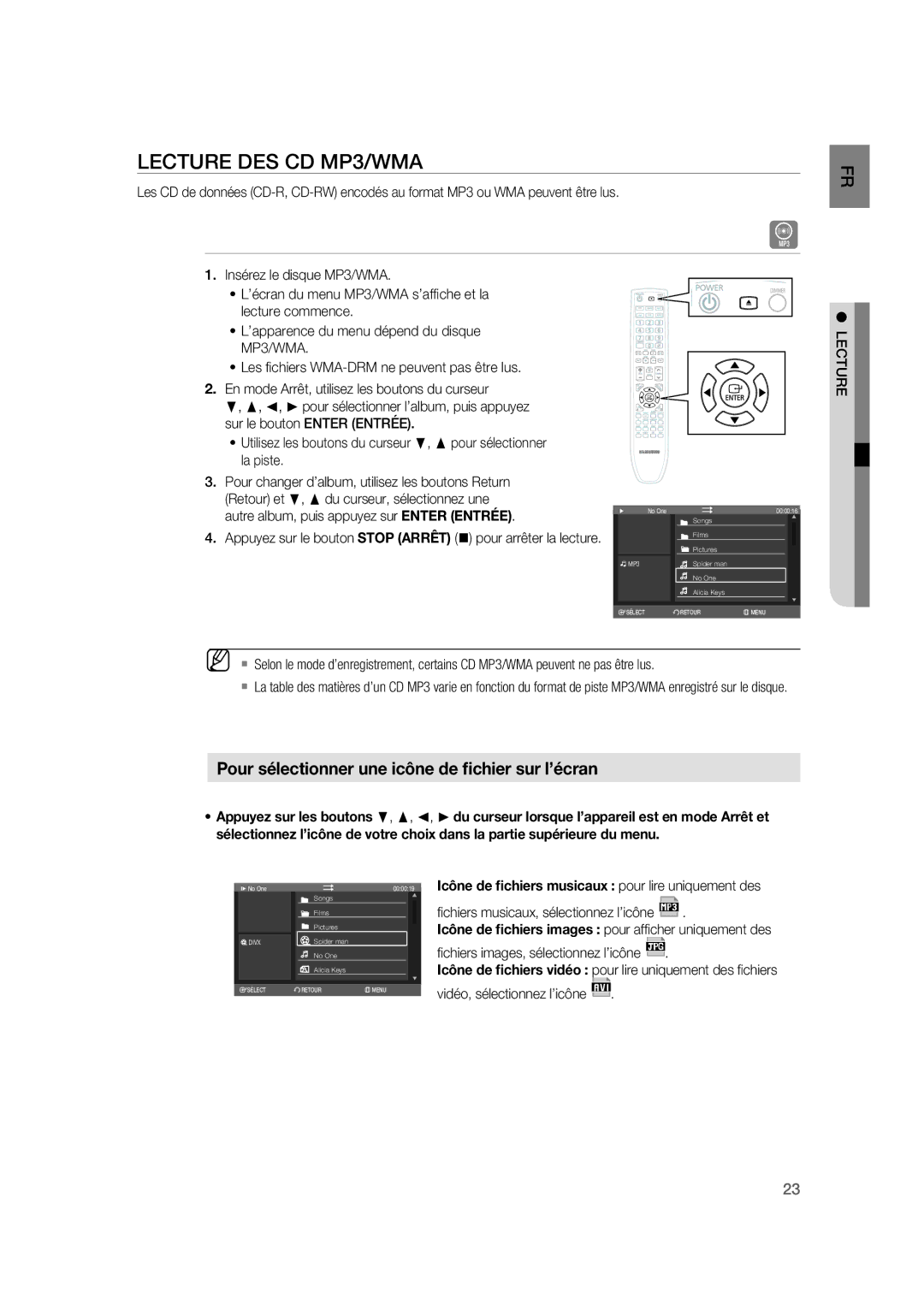 Samsung RTS-HE20T/XEF manual Lecture DES CD MP3/WMA, Icône de ﬁchiers musicaux pour lire uniquement des 